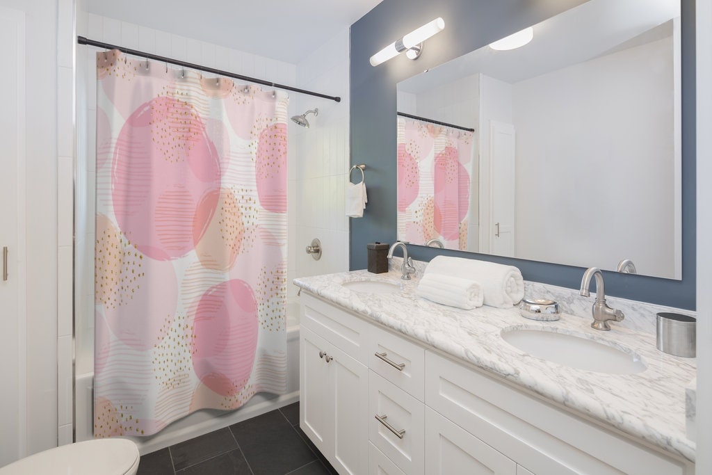 Playful Pink Circles Tub Curtain for a Fun Bathroom, 71 x 71 inch Contemporary Shower Curtain - Image 2
