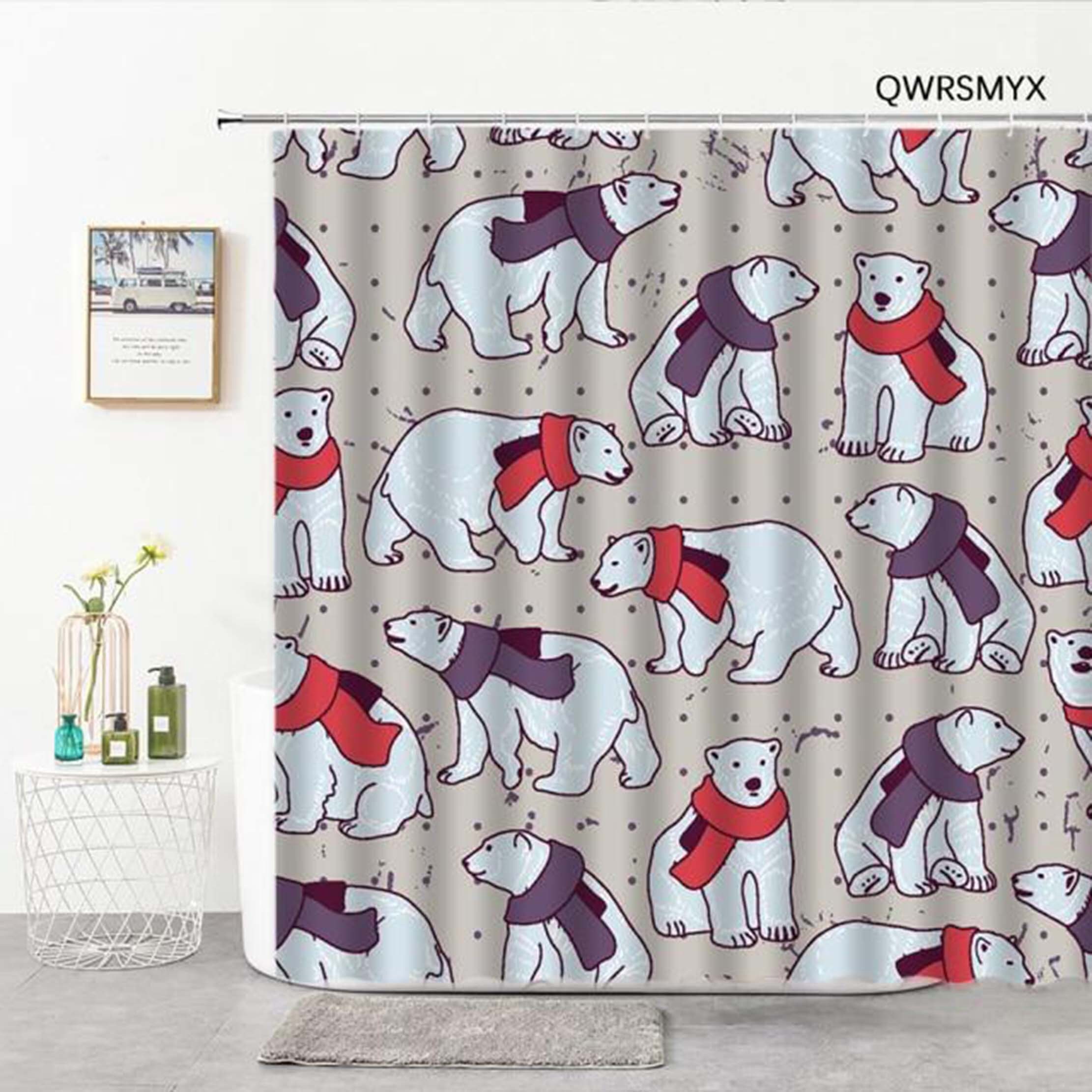 Polar Bear in Scarf Shower Curtain | Arctic Winter Animal Carnivore Alaska, Kids Bathroom Decor | Home Bath Decor
