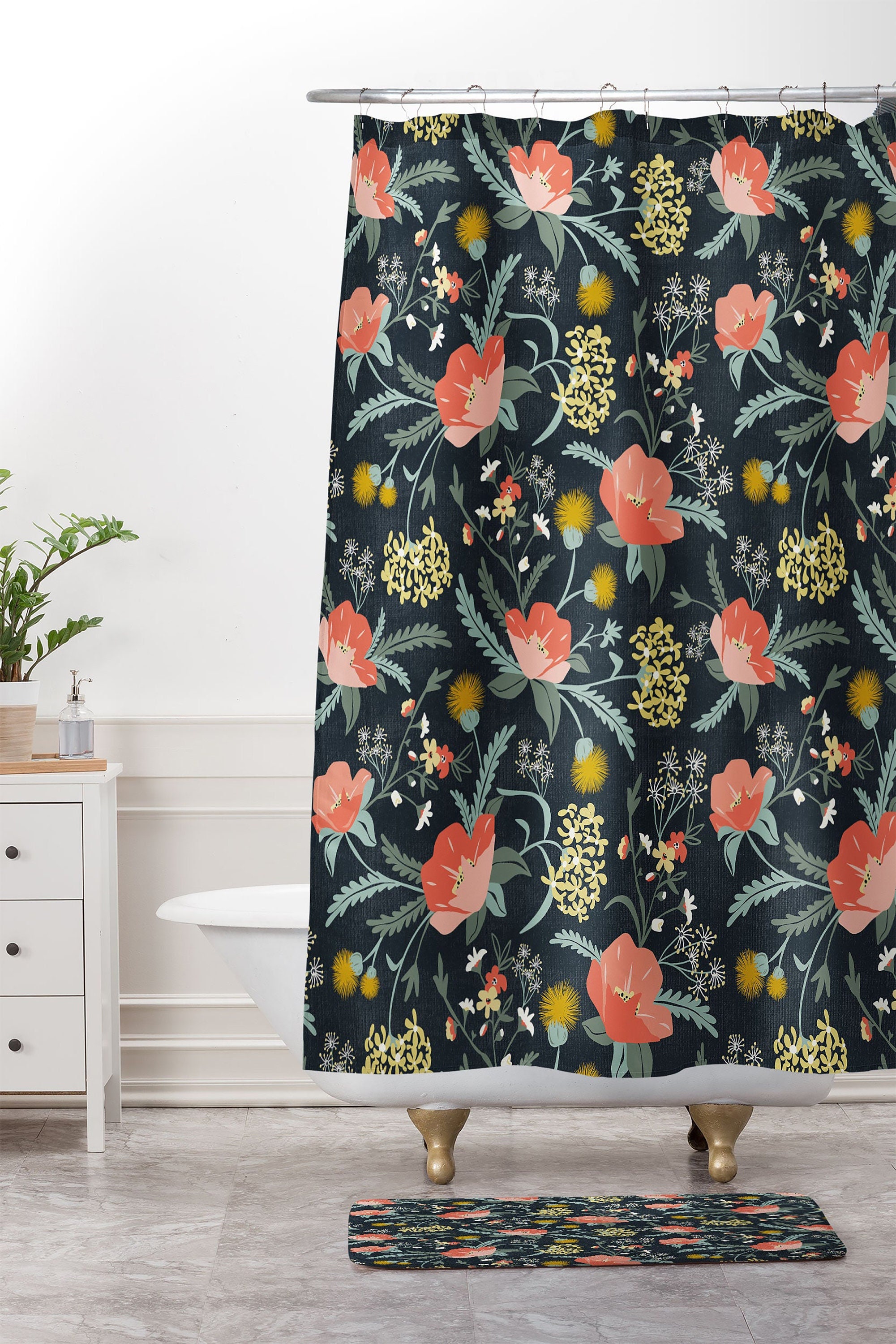 Poppy Floral Fabric Shower Curtain, Adds a Touch of Mystery to Your Boho Bathroom Decor, Dark Floral Boho Bath Curtain
