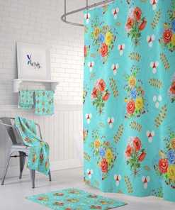 Prairie Poppy Floral Shower Curtain - Bold Bath Curtain with Matching Towels and Mat for Vibrant Bathroom Decor