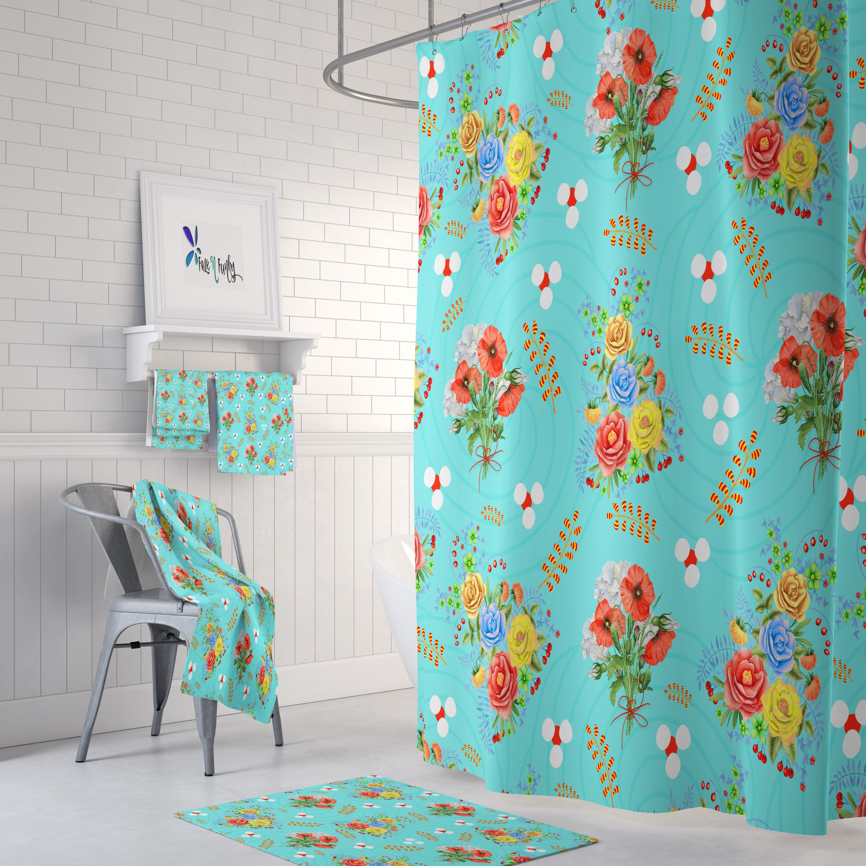 Prairie Poppy Floral Shower Curtain - Bold Bath Curtain with Matching Towels and Mat for Vibrant Bathroom Decor