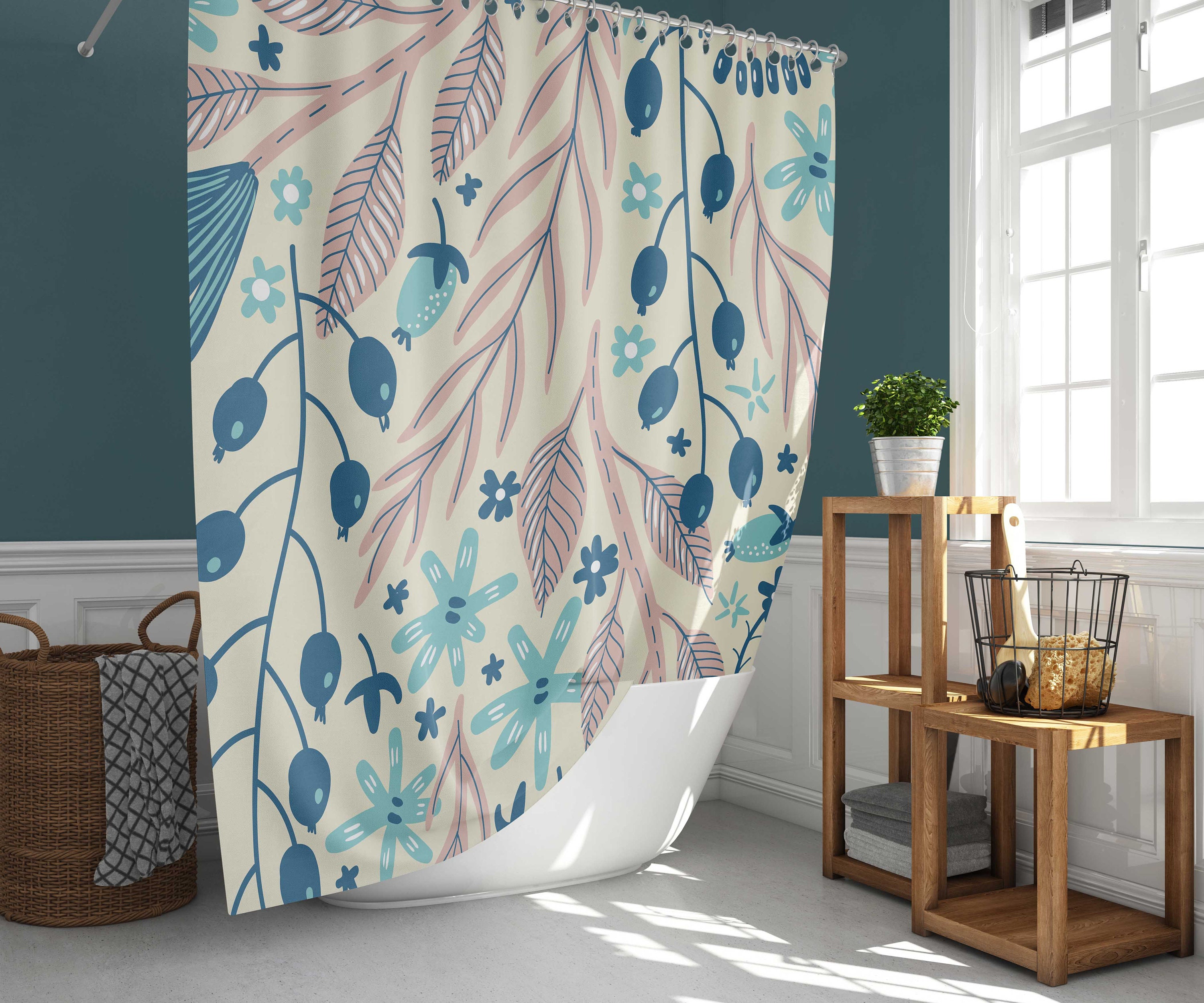 Prairie Wildflower Shower Curtain | Botanical Foliage and Floral Pattern | Fabric Bathroom Curtain and Mat