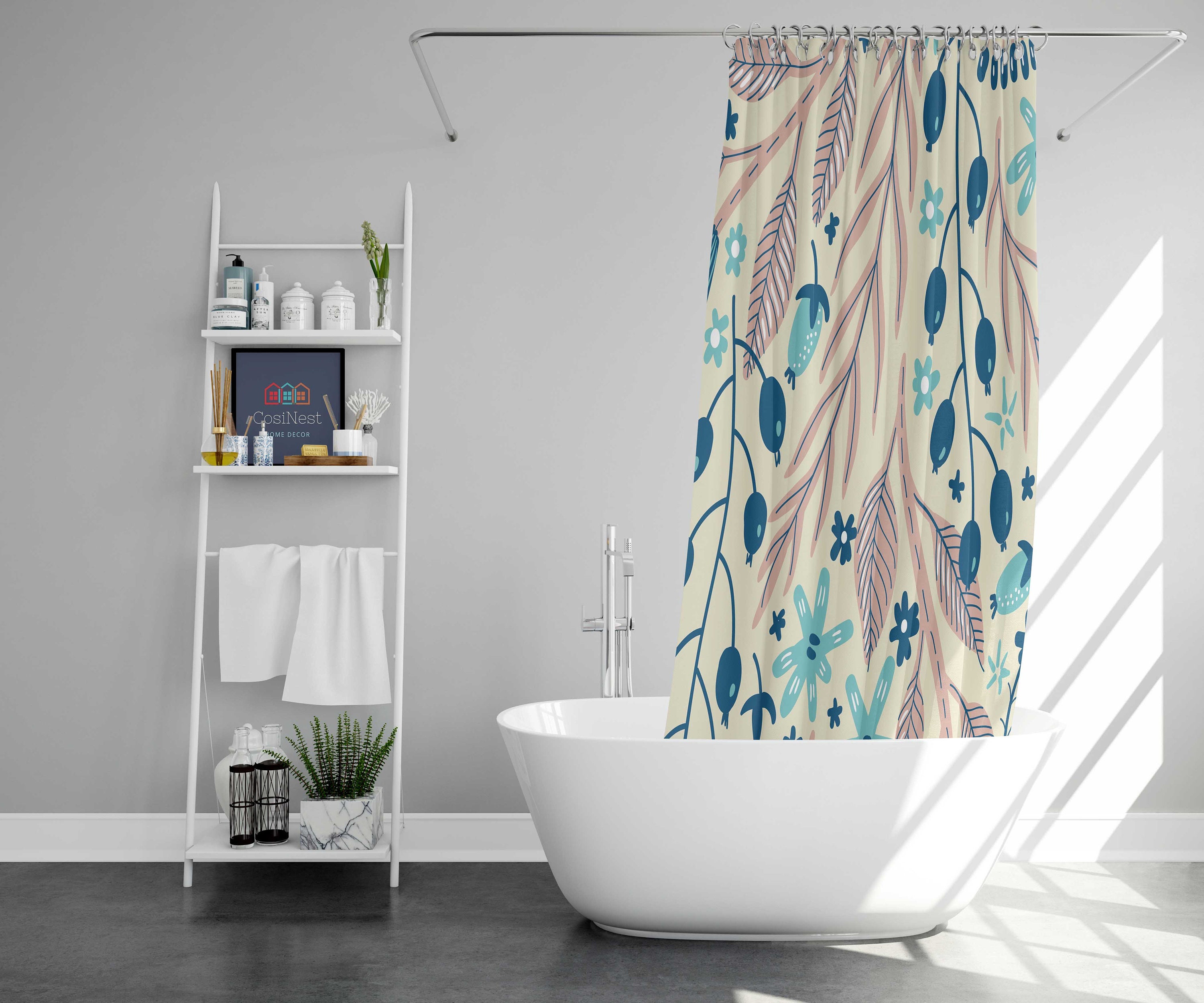 Prairie Wildflower Shower Curtain | Botanical Foliage and Floral Pattern | Fabric Bathroom Curtain and Mat - Image 2