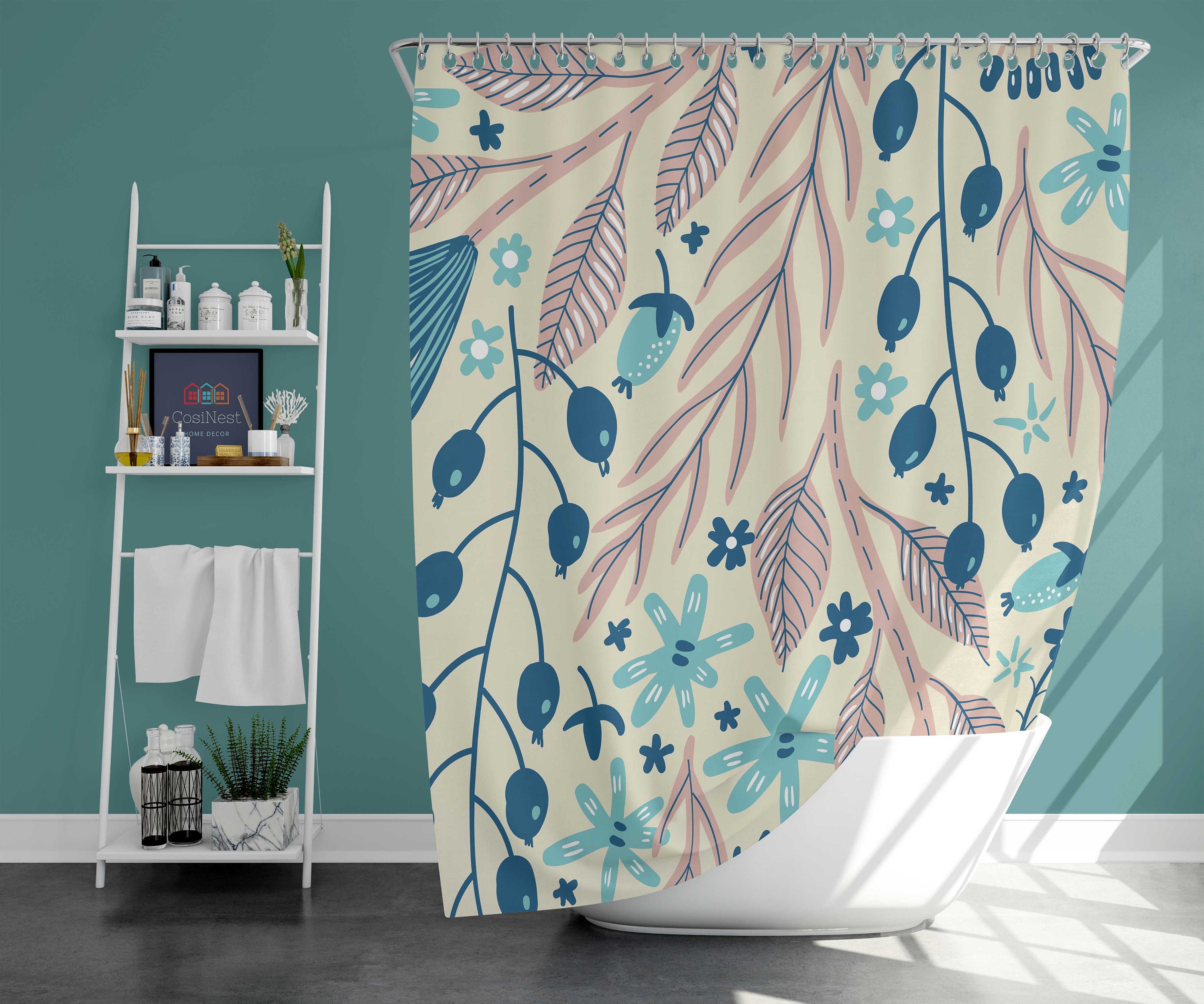 Prairie Wildflower Shower Curtain | Botanical Foliage and Floral Pattern | Fabric Bathroom Curtain and Mat - Image 3