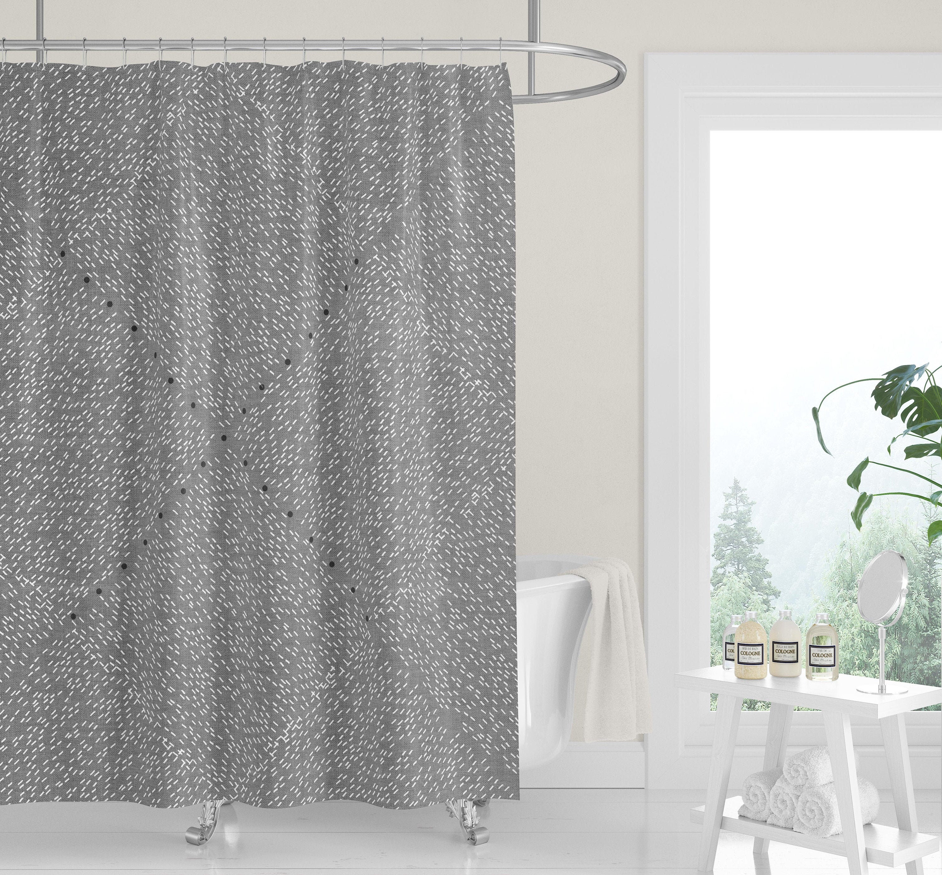Premium FABRIC SHOWER CURTAIN | Geometric Gray Black Linen Print | Casual Contemporary Lifestyle Neutral Minimalist
