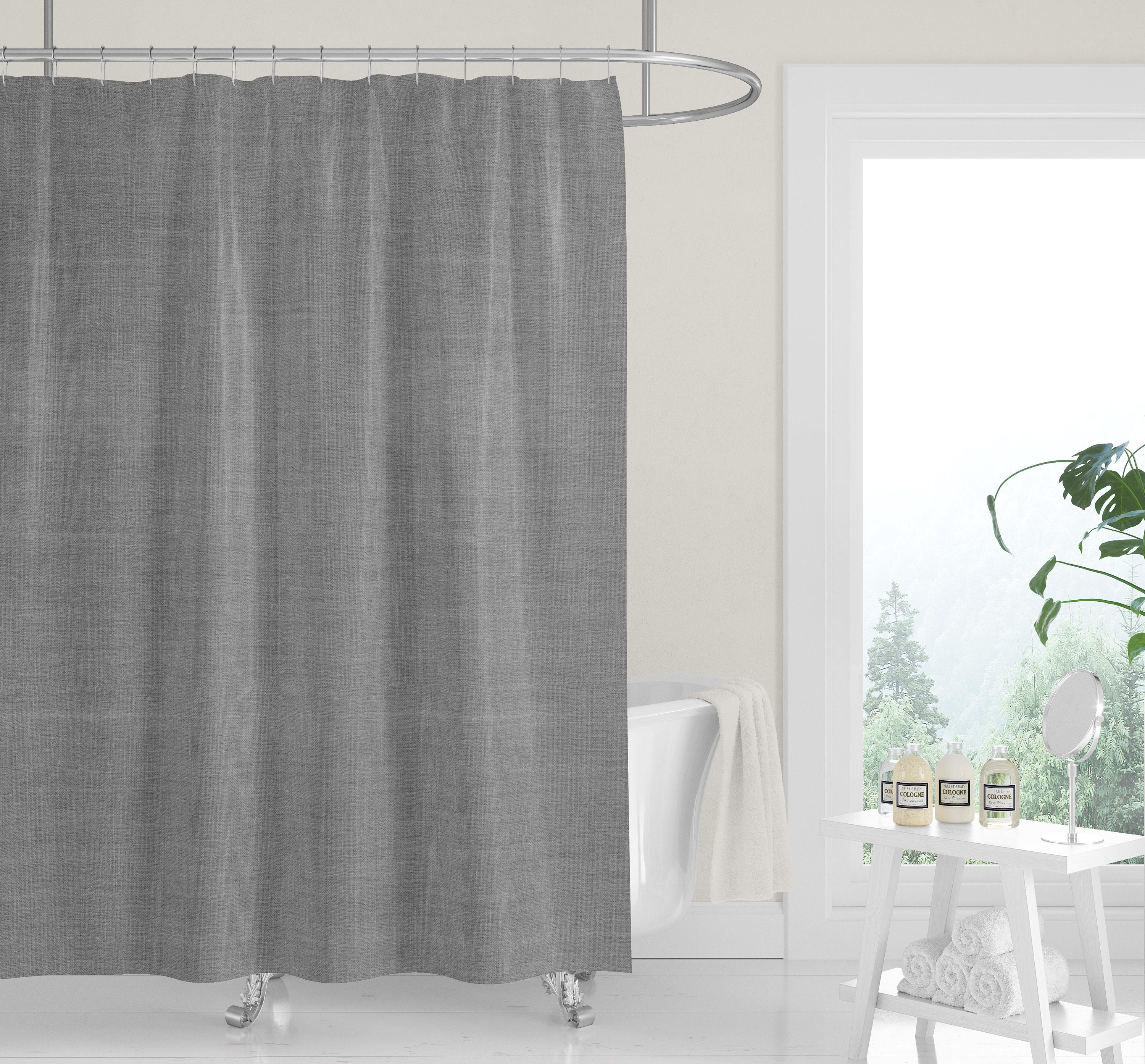 Premium FABRIC SHOWER CURTAIN | Geometric Gray Black Linen Print | Casual Contemporary Lifestyle Neutral Minimalist - Image 2