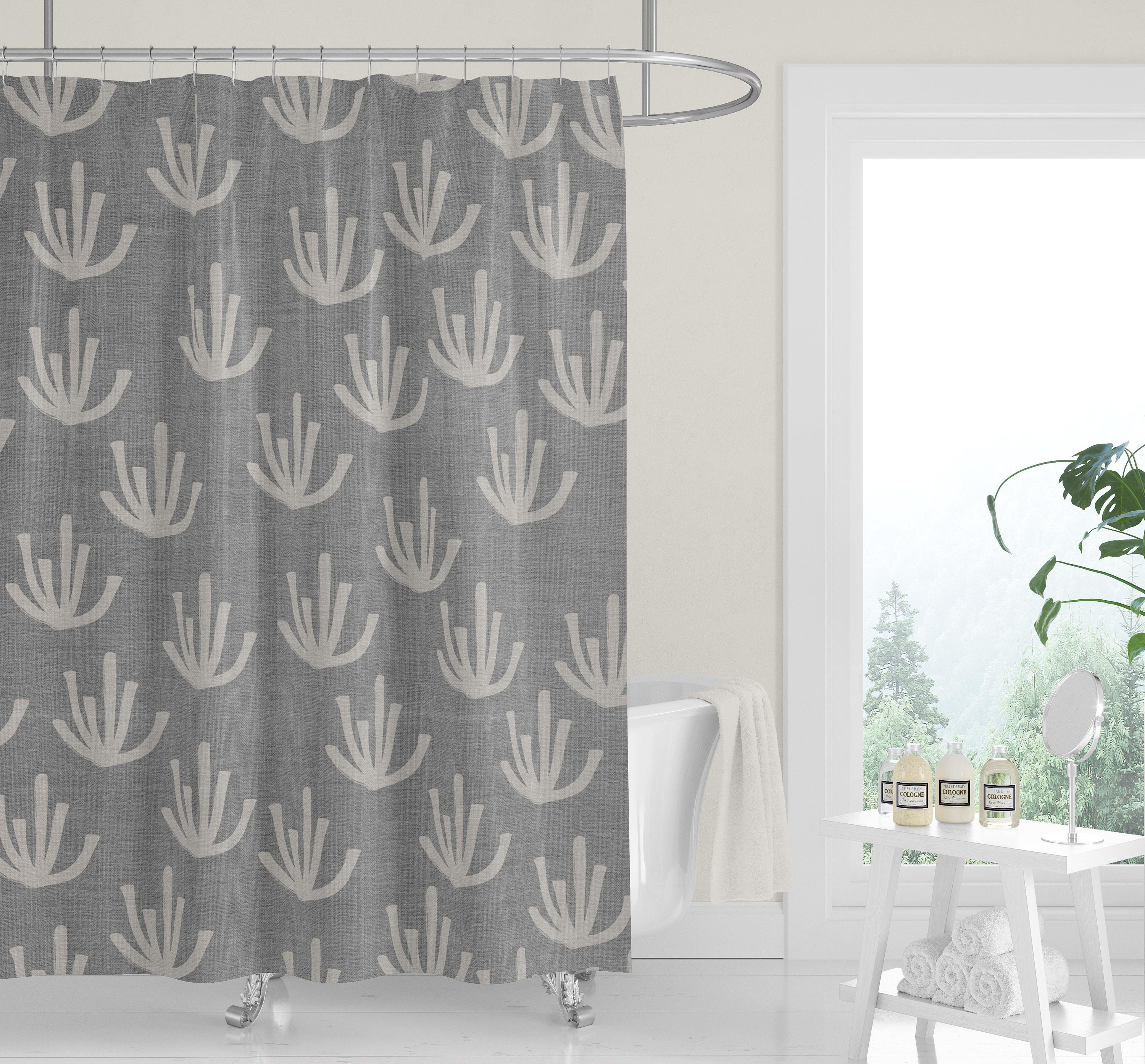 Premium FABRIC SHOWER CURTAIN | Geometric Gray Black Linen Print | Casual Contemporary Lifestyle Neutral Minimalist - Image 3