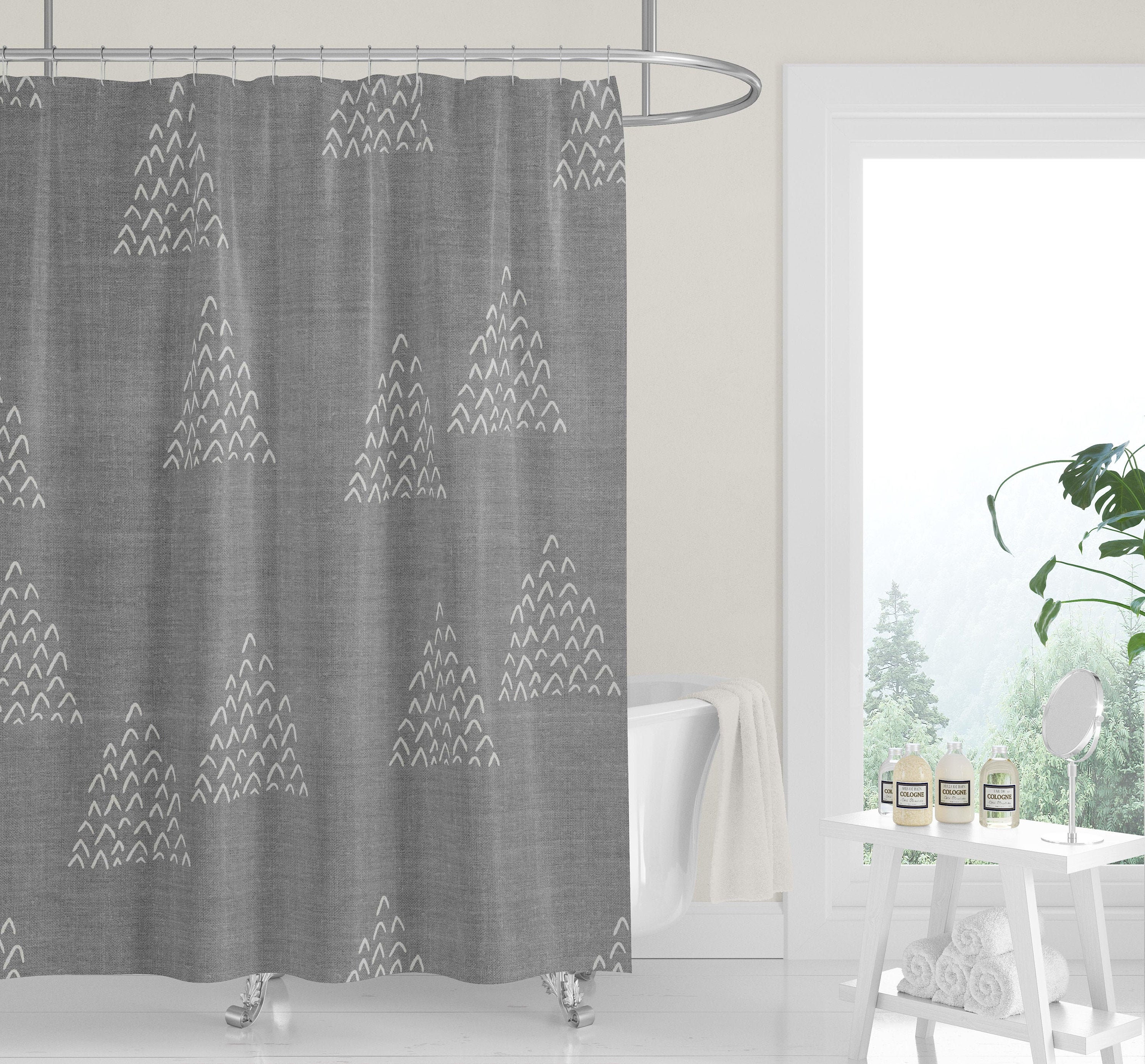 Premium FABRIC SHOWER CURTAIN | Geometric Gray Black Linen Print | Casual Contemporary Lifestyle Neutral Minimalist - Image 4