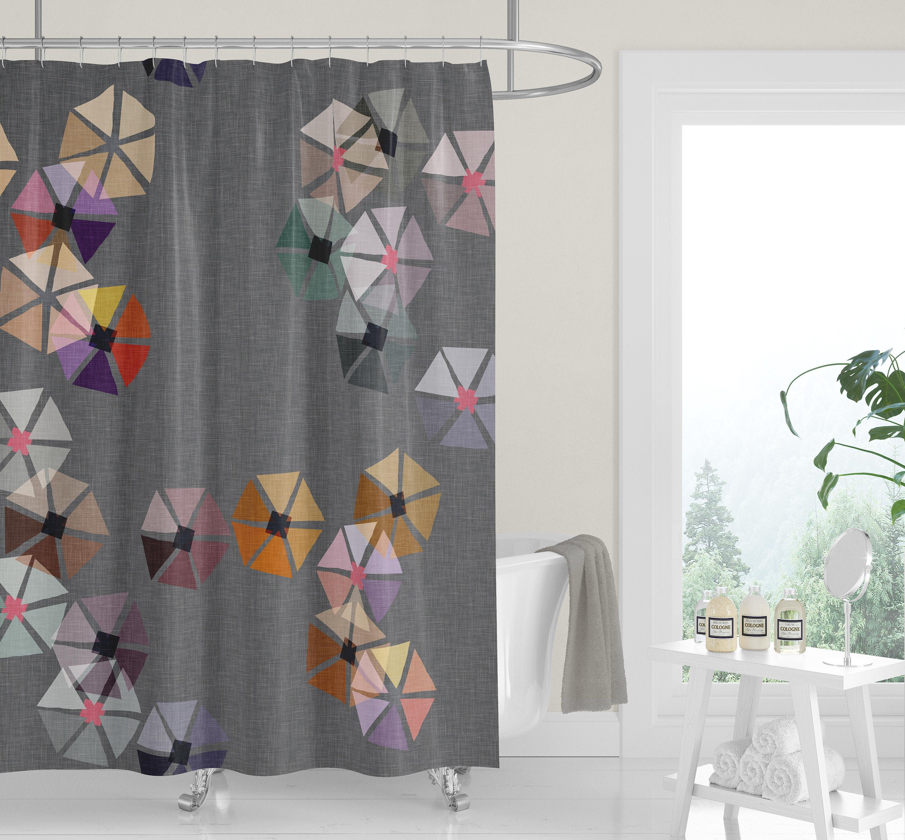 Premium FABRIC SHOWER CURTAIN | Neutral Gray + Multi-Color Geometric Minimalist Cutouts Linen Print shower curtains