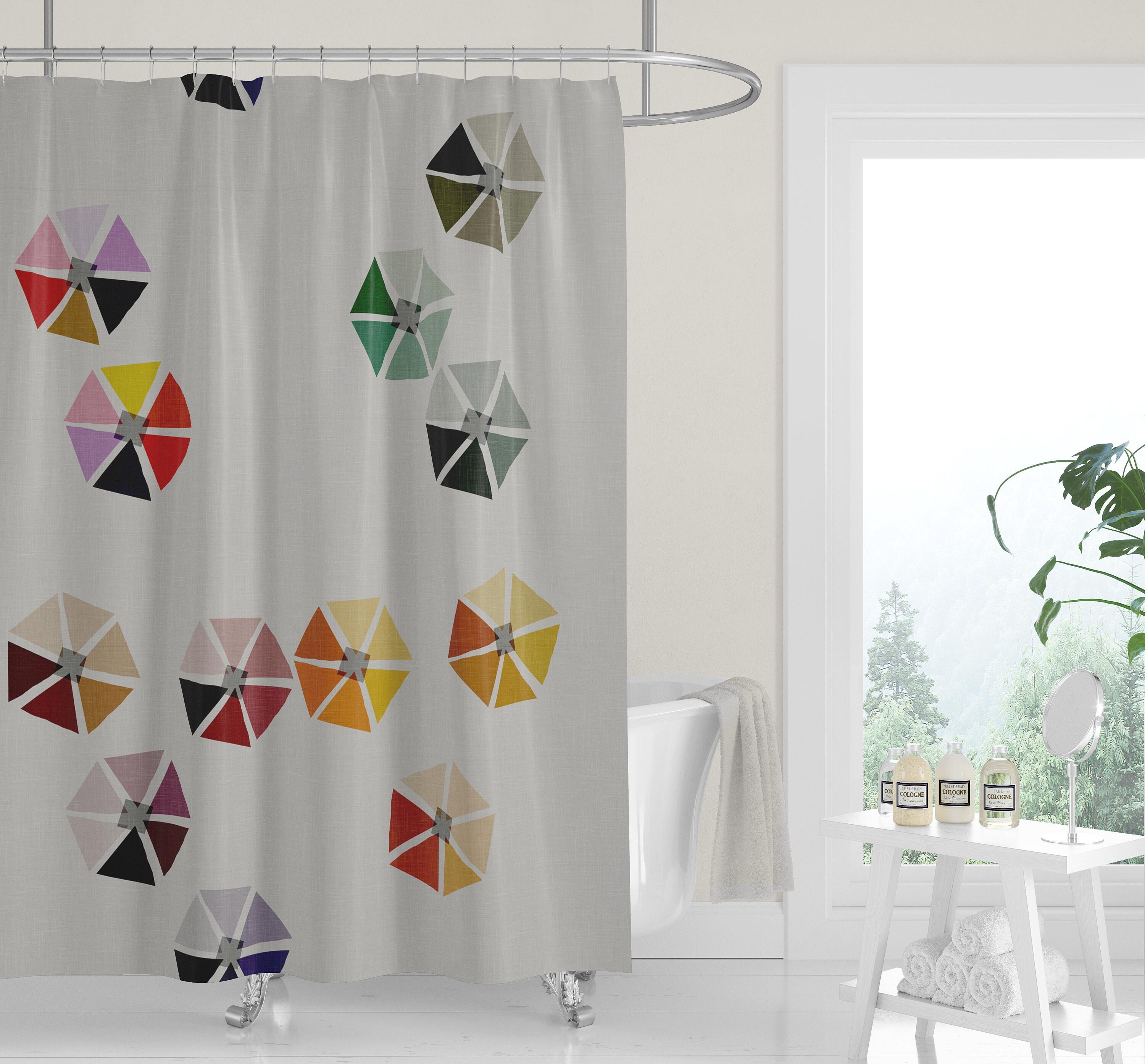 Premium FABRIC SHOWER CURTAIN | Neutral Gray + Multi-Color Geometric Minimalist Cutouts Linen Print shower curtains - Image 2