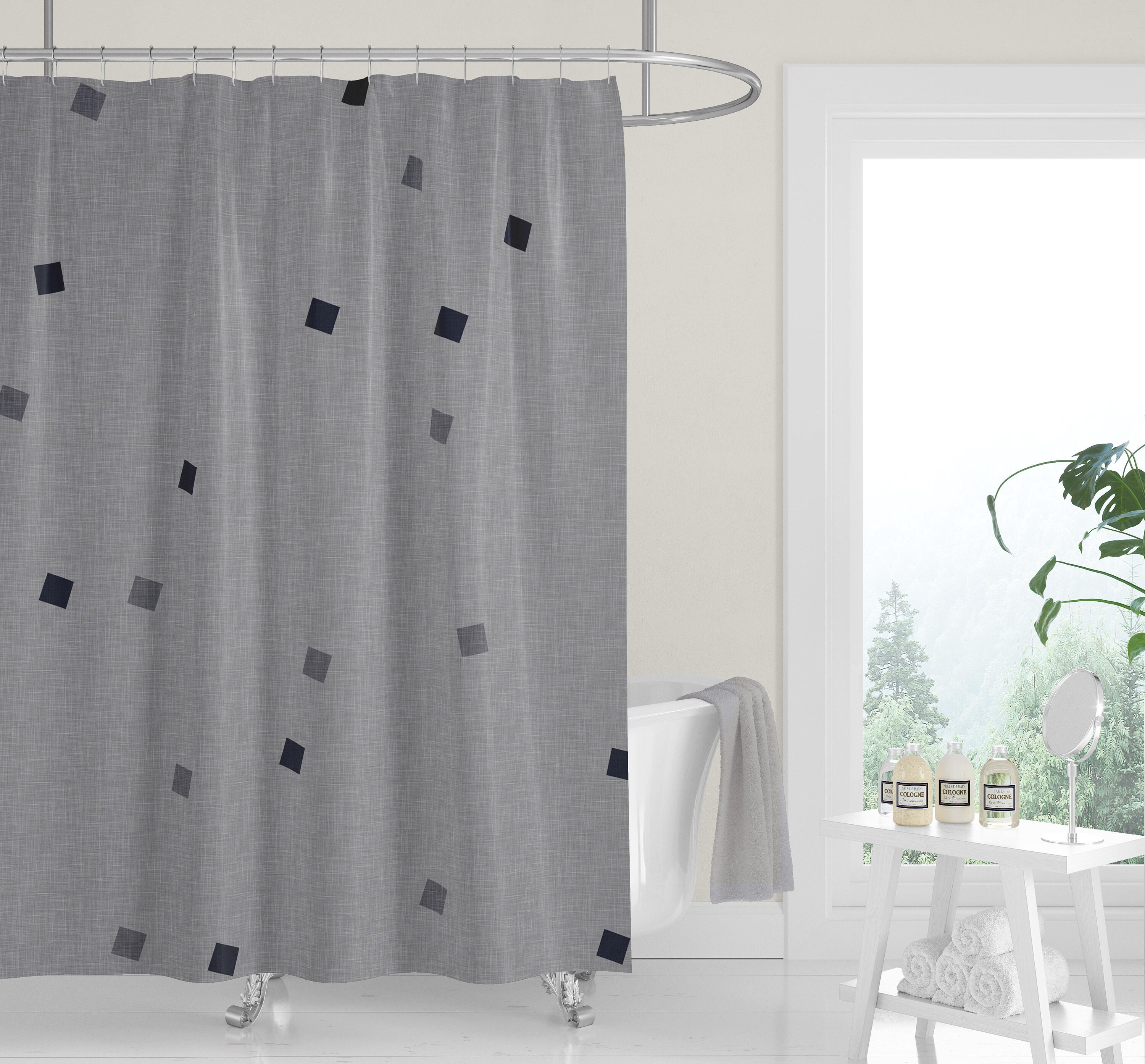 Premium FABRIC SHOWER CURTAIN | Neutral Gray + Multi-Color Geometric Minimalist Cutouts Linen Print shower curtains - Image 3