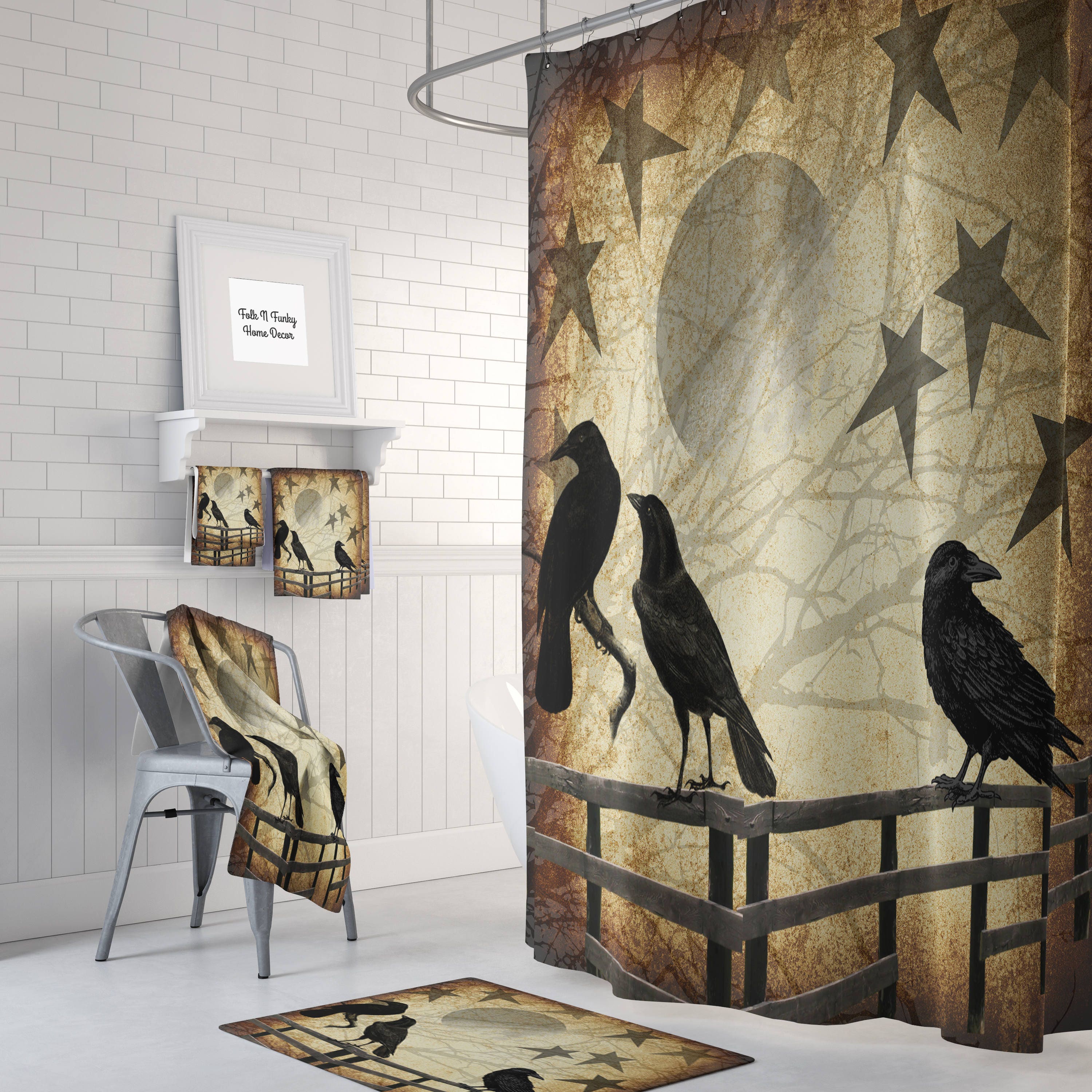 Primitive Grunge Shower Curtain, Rustic Crows and Stars Country Farmhouse Decor, Bath Mat and Towels Optional - SHOWER51