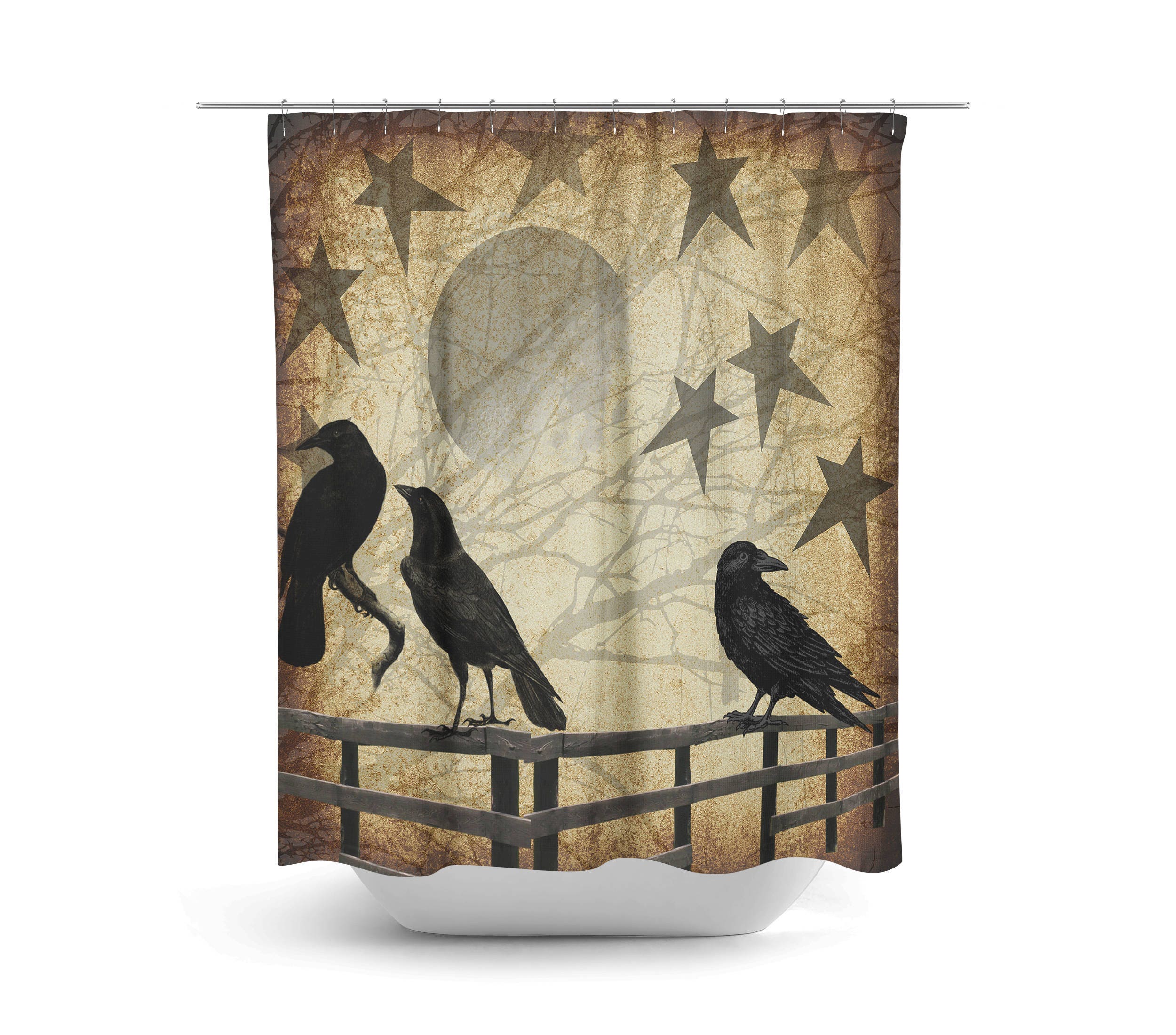 Primitive Grunge Shower Curtain, Rustic Crows and Stars Country Farmhouse Decor, Bath Mat and Towels Optional - SHOWER51 - Image 2
