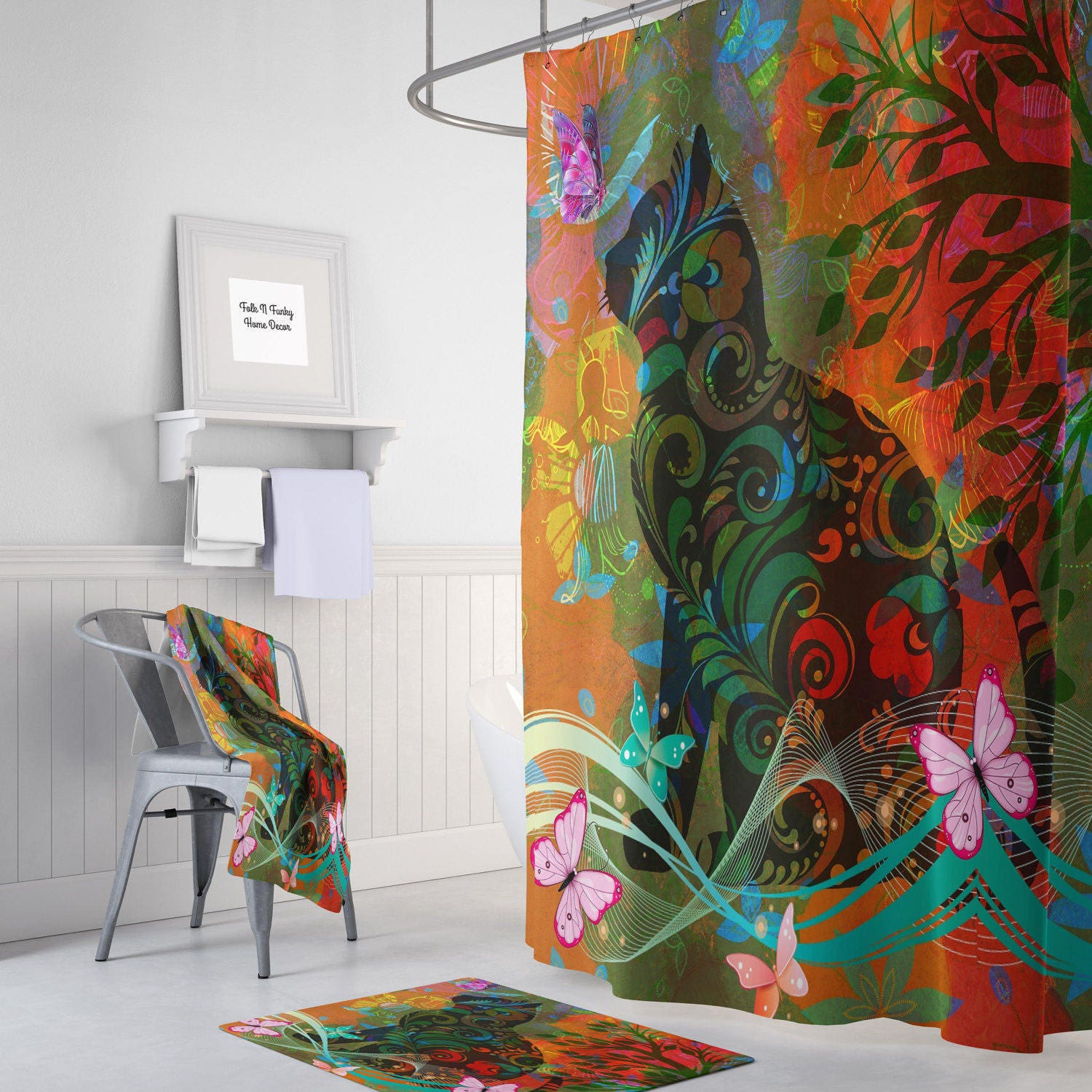 Psychedelic Cat Shower Curtain, Boho Hippie Bathroom Decor, Colorful Abstract Bath Print, Unique Home Decor Gift Idea