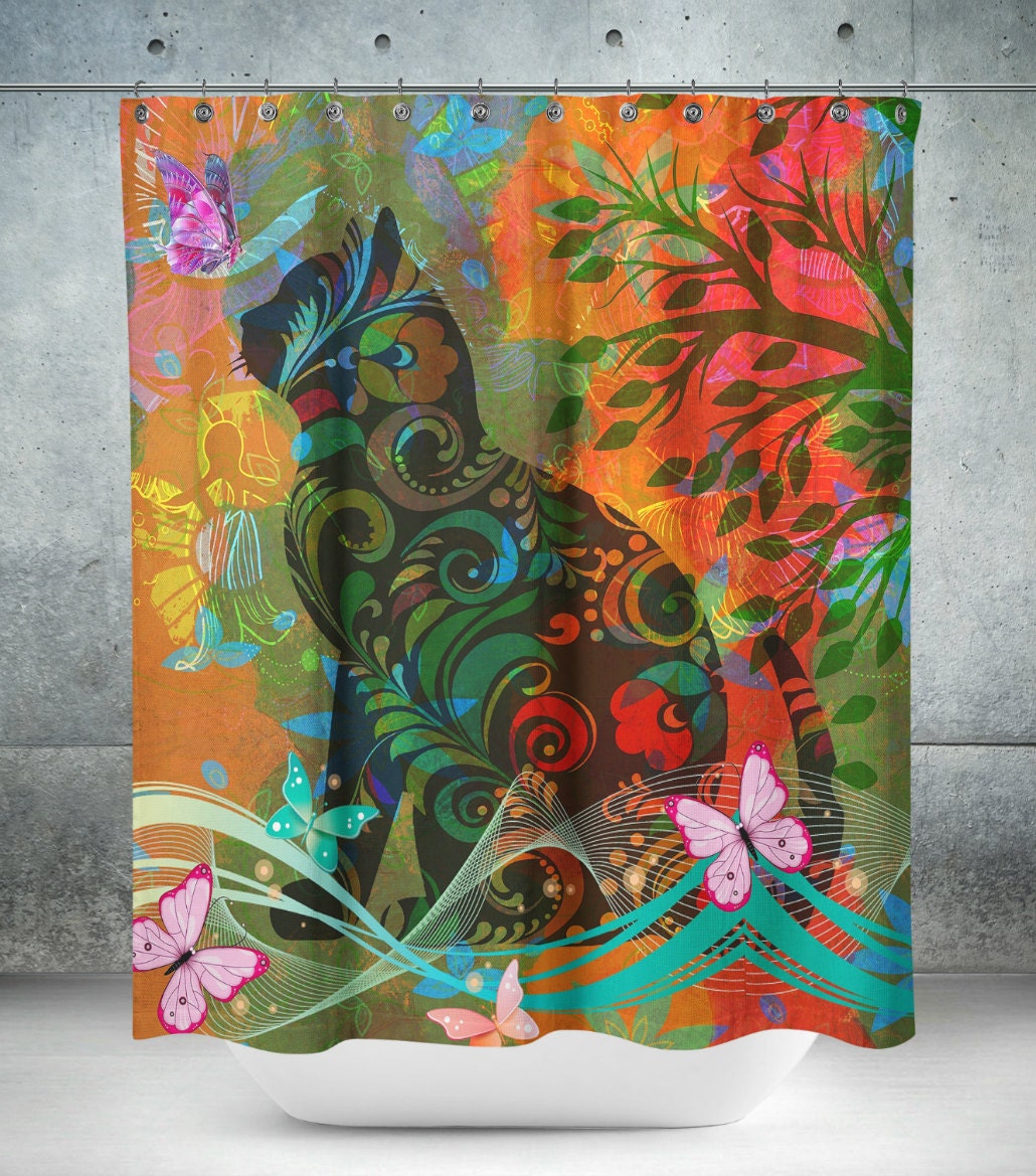 Psychedelic Cat Shower Curtain, Boho Hippie Bathroom Decor, Colorful Abstract Bath Print, Unique Home Decor Gift Idea - Image 2