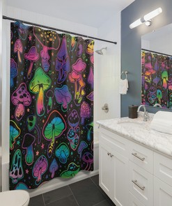 Psychedelic Glowing Mushrooms Shower Curtain | Mid Century Modern Gothic Style Unique Shower Curtains