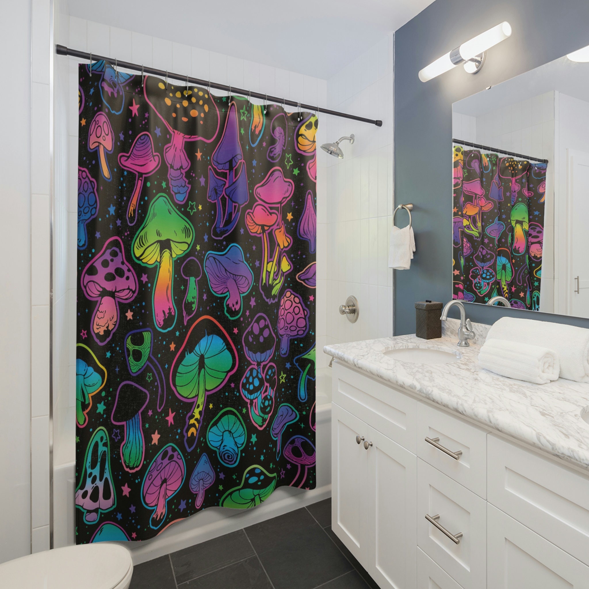 Psychedelic Glowing Mushrooms Shower Curtain | Mid Century Modern Gothic Style Unique Shower Curtains