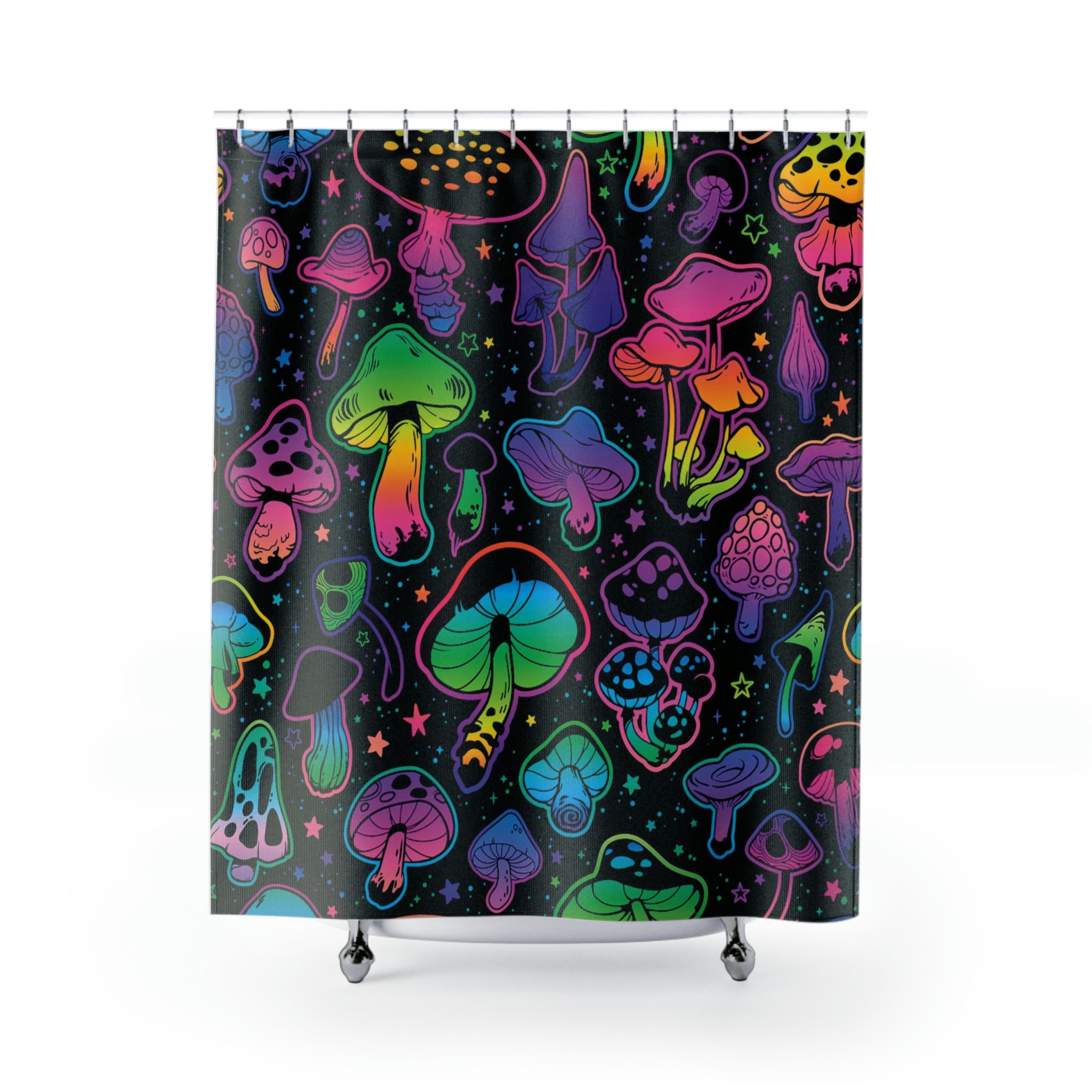 Psychedelic Glowing Mushrooms Shower Curtain | Mid Century Modern Gothic Style Unique Shower Curtains - Image 2