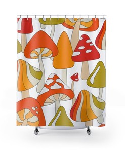 Psychedelic Groovy Funky 1970's Shower Curtain in Orange, Green, and Yellow Mushroom Design