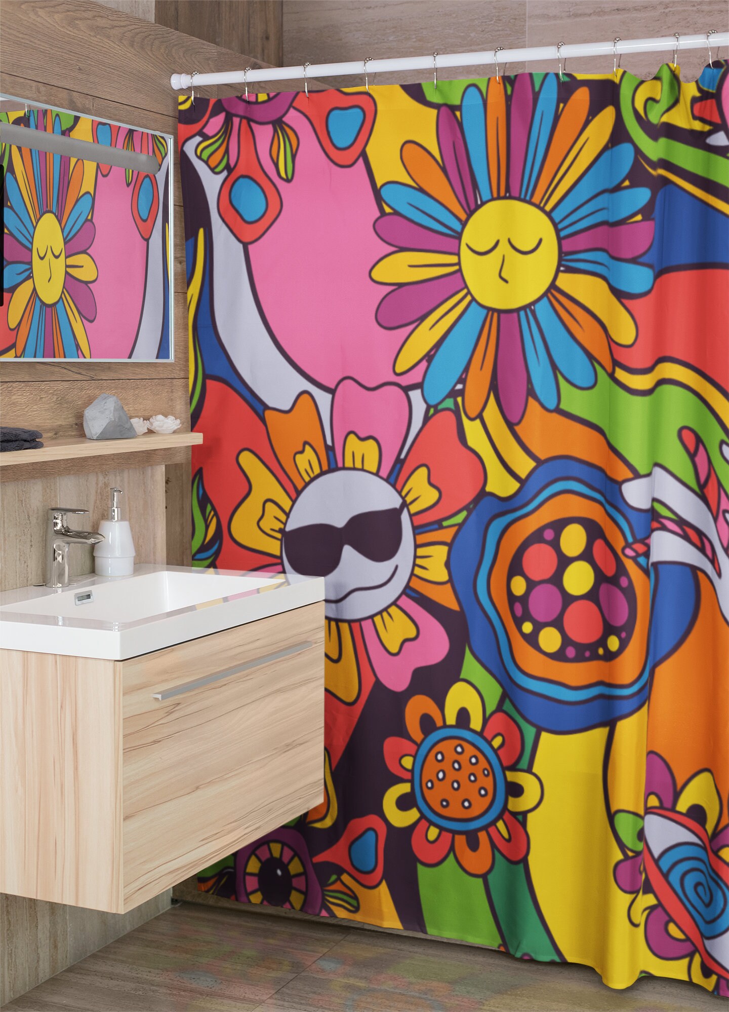 Psychedelic Hippie Shower Curtain, Retro Bathroom Decor, Groovy Tub Accessory
