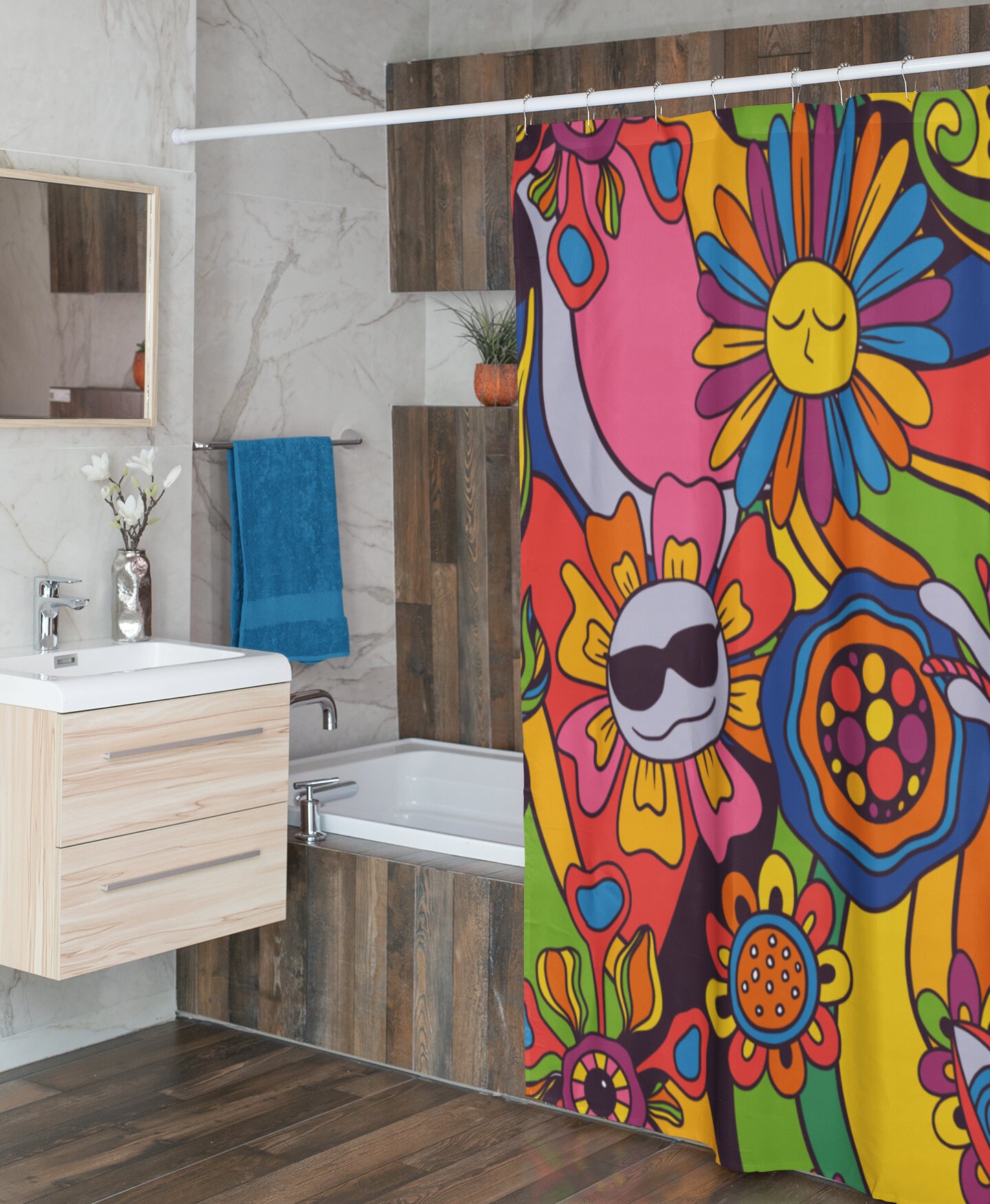 Psychedelic Hippie Shower Curtain, Retro Bathroom Decor, Groovy Tub Accessory - Image 2