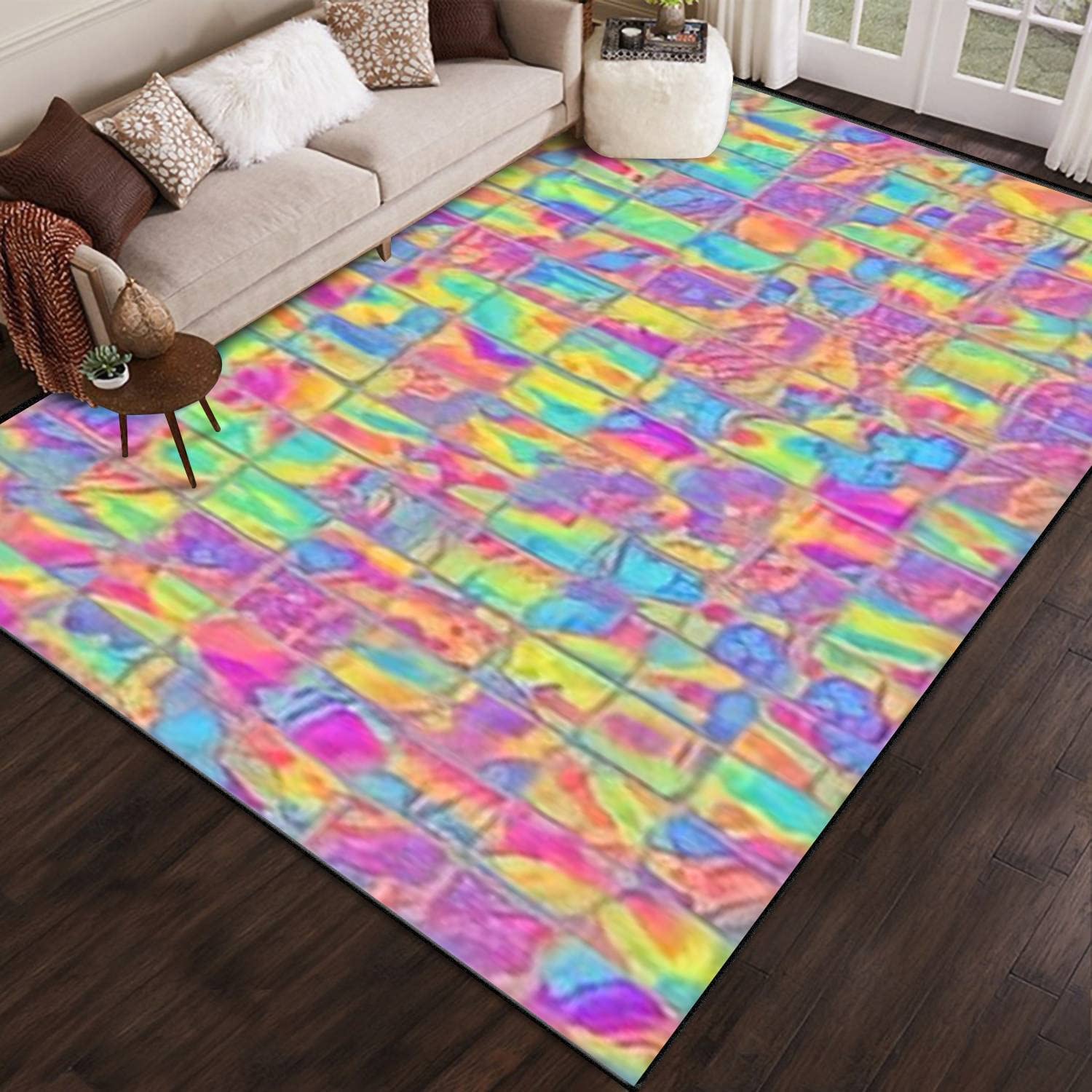 Psychedelic Rainbow Ombre Heat map Marble Tile Mosaic Texture Area Rug - Personalized Home Decor with Vintage 70s Feel - Image 2