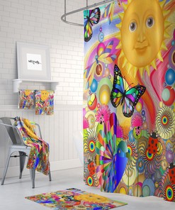 Psychedelic Sunshine Shower Curtain, Boho Hippie Bathroom Decor, Colorful Abstract Bath Print