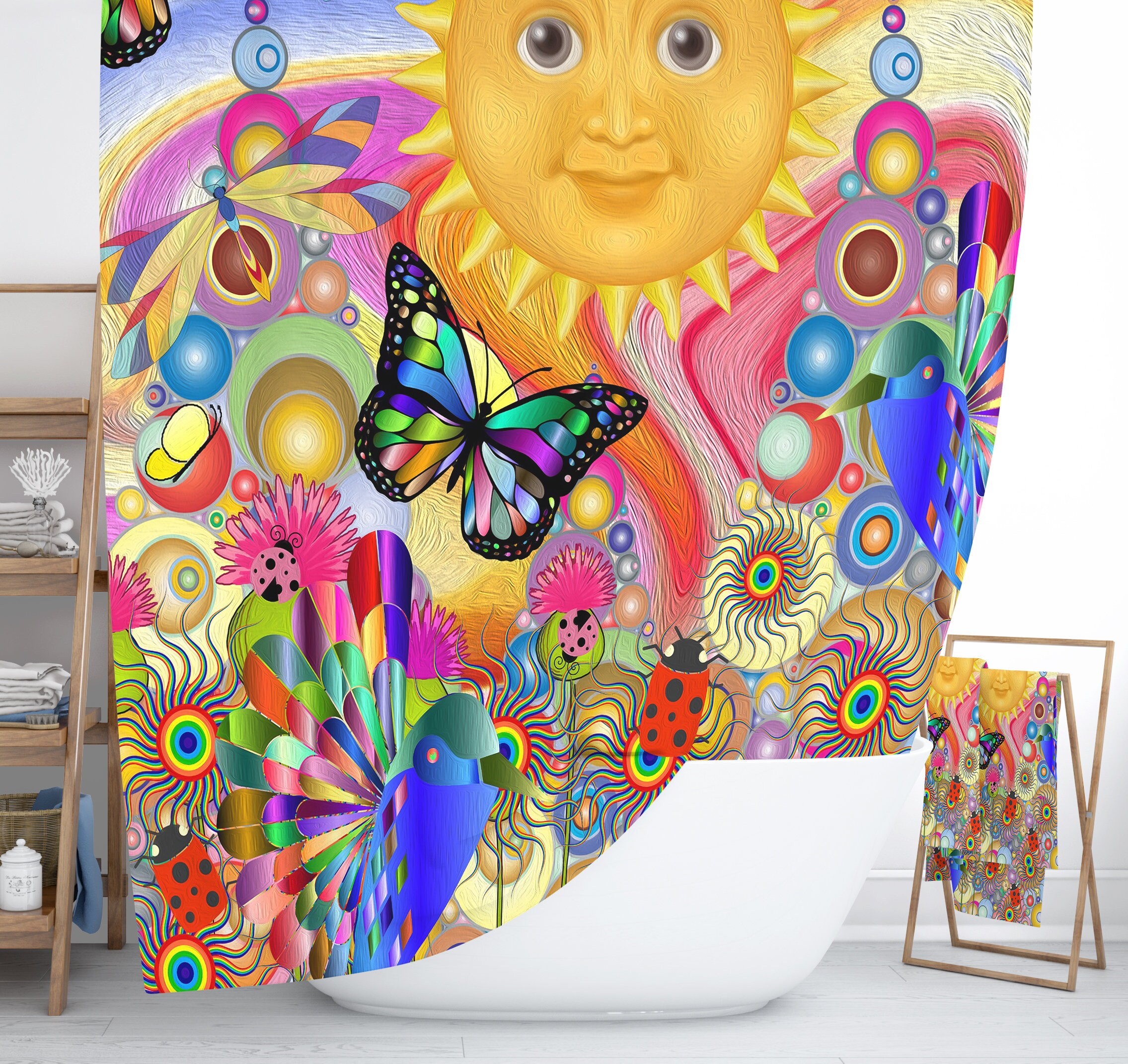 Psychedelic Sunshine Shower Curtain, Boho Hippie Bathroom Decor, Colorful Abstract Bath Print - Image 2