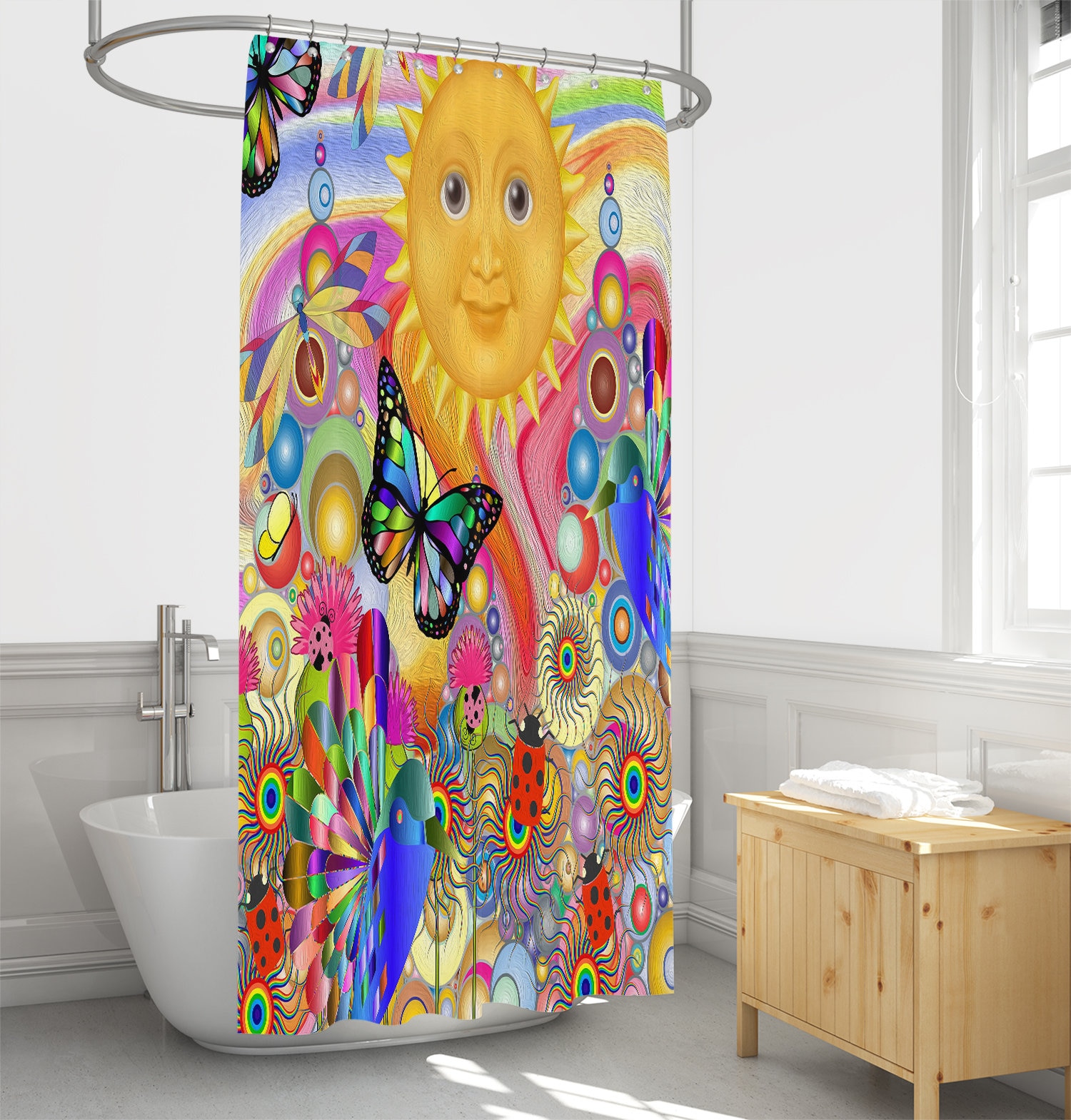 Psychedelic Sunshine Shower Curtain, Boho Hippie Bathroom Decor, Colorful Abstract Bath Print - Image 3