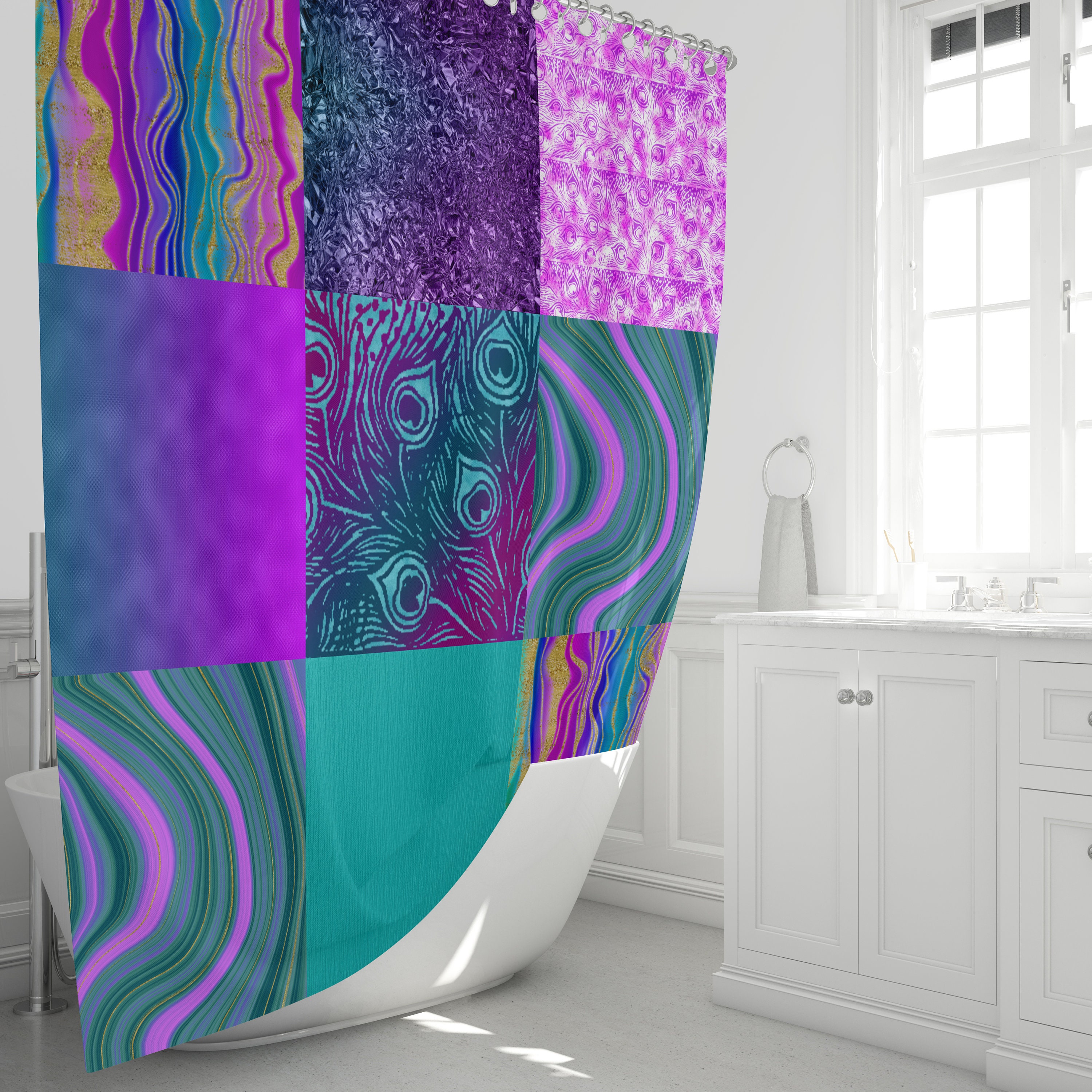 Purple Boho Shower Curtain with Unique Print Design