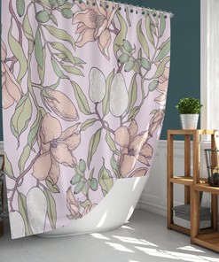 Purple Floral Shower Curtain | Botanical Leaves & White Pear | Fabric Bathroom Curtain Set | Home Bath Decor