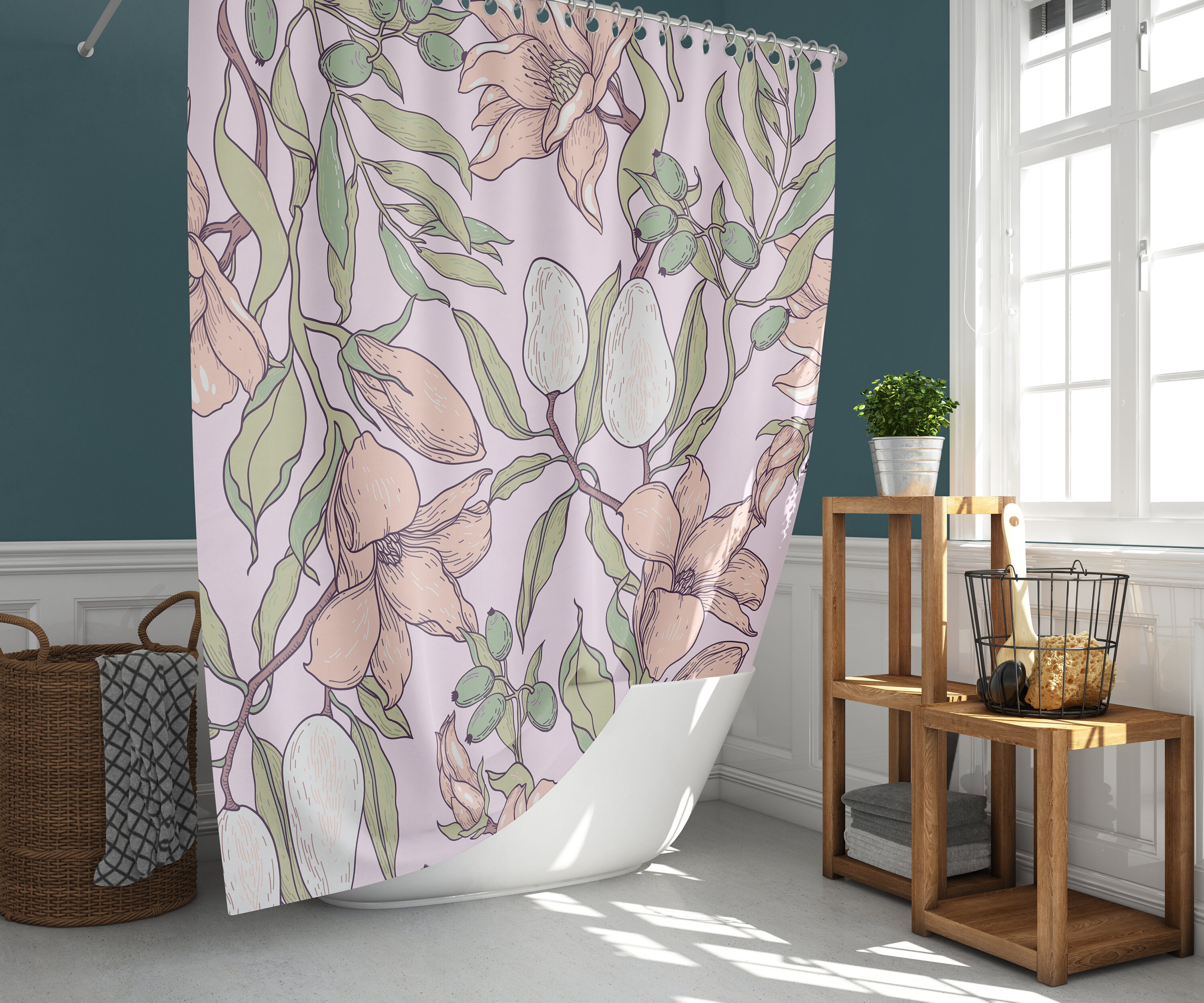 Purple Floral Shower Curtain | Botanical Leaves & White Pear | Fabric Bathroom Curtain Set | Home Bath Decor