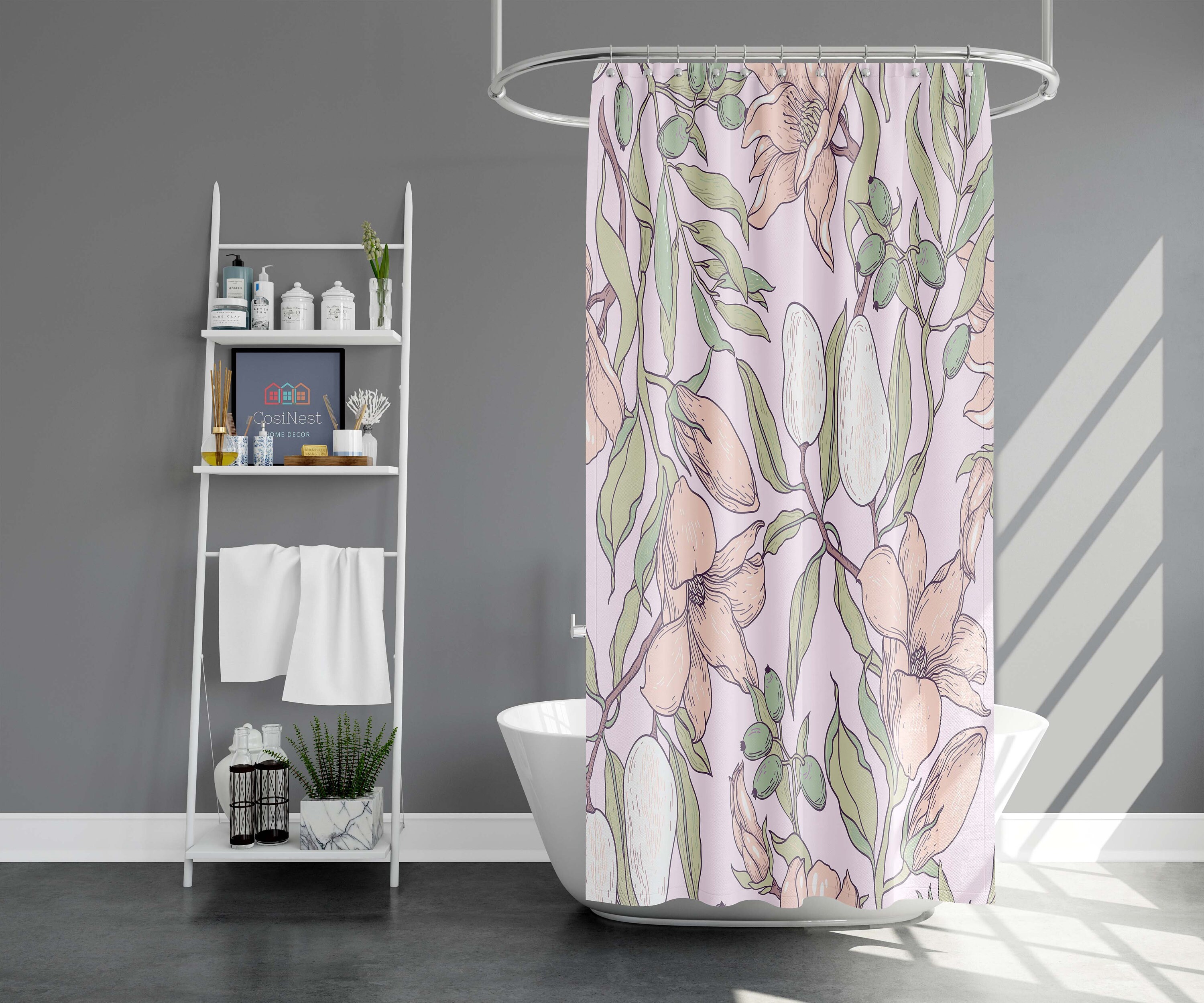 Purple Floral Shower Curtain | Botanical Leaves & White Pear | Fabric Bathroom Curtain Set | Home Bath Decor - Image 2