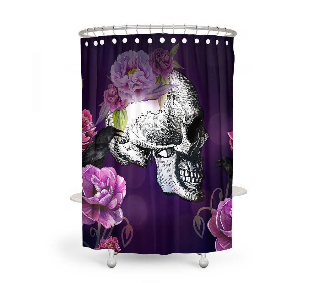 Purple Floral Skull Shower Curtain - Mysterious Bath Curtain with Matching Towels - Image 2