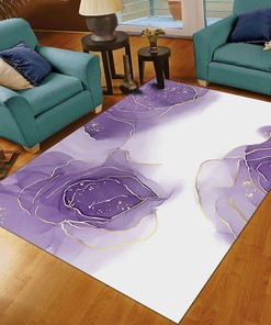 Purple Flowers with Gold Lace Art Deco Rug for Soft Area in Home Decor with Romantic Touch