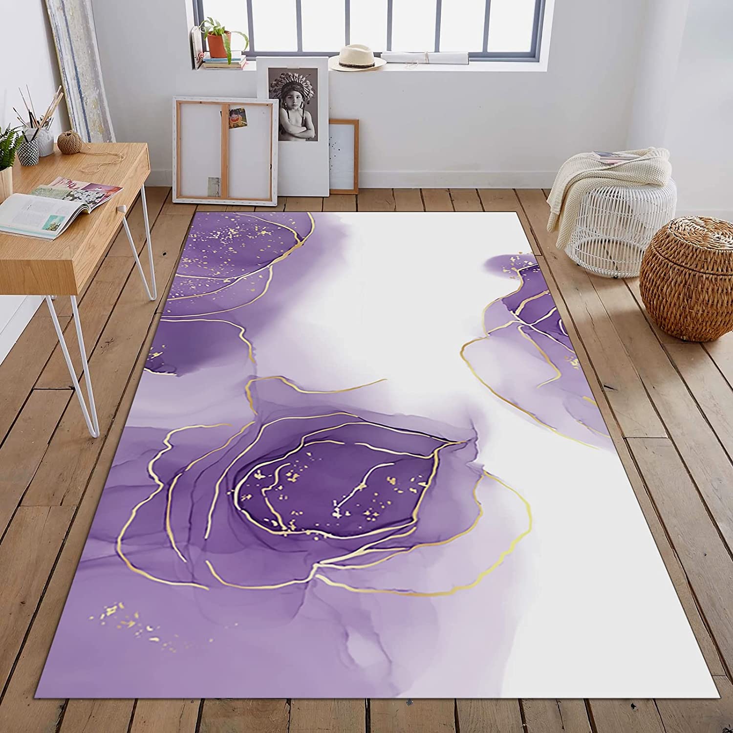 Purple Flowers with Gold Lace Art Deco Rug for Soft Area in Home Decor with Romantic Touch - Image 2