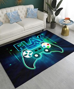 Purple Gamer Video Games Pattern Area Rugs with Thunder Gamepad Design