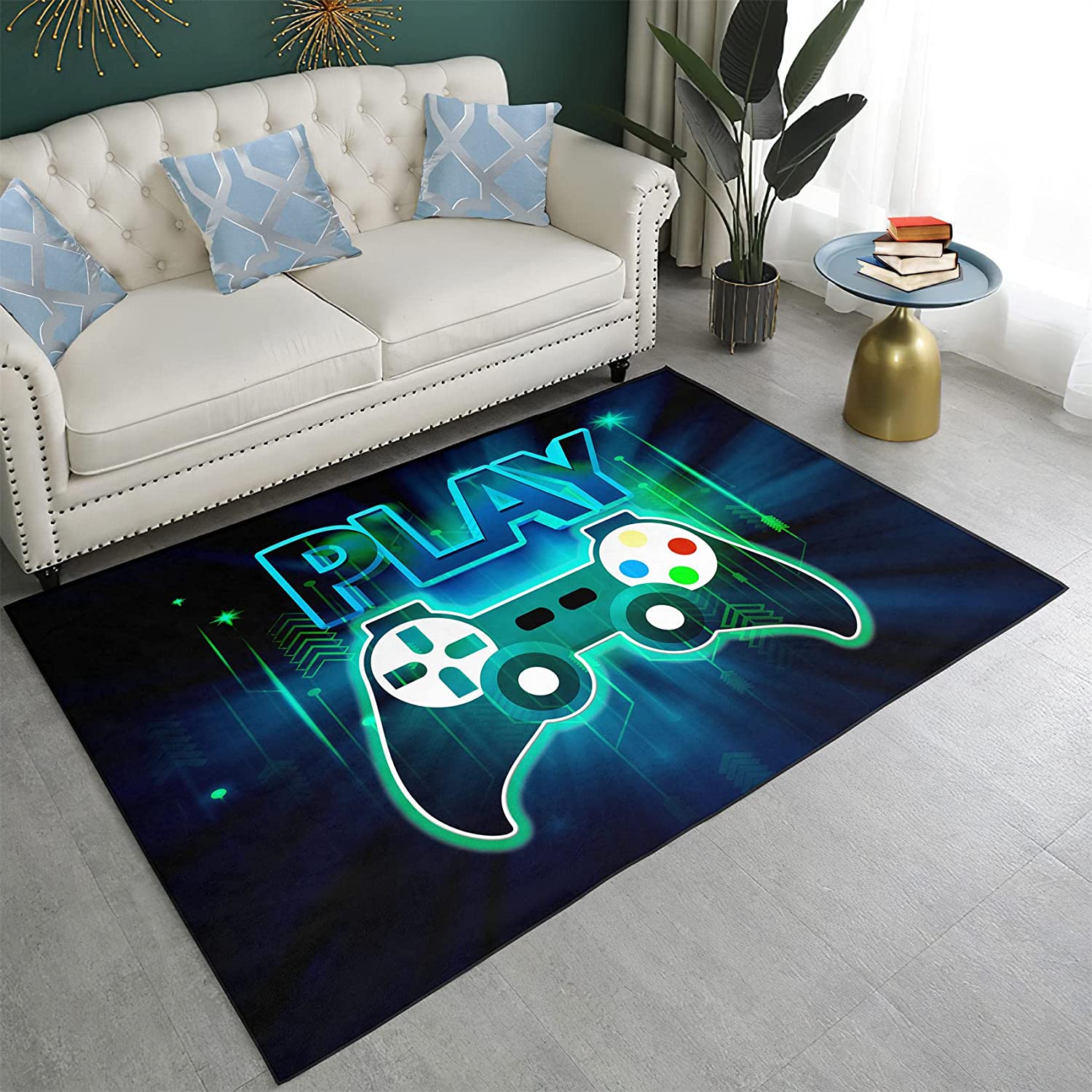 Purple Gamer Video Games Pattern Area Rugs with Thunder Gamepad Design