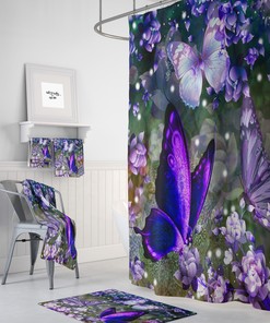 Purple Lavender Butterfly Shower Curtain with Optional Towels