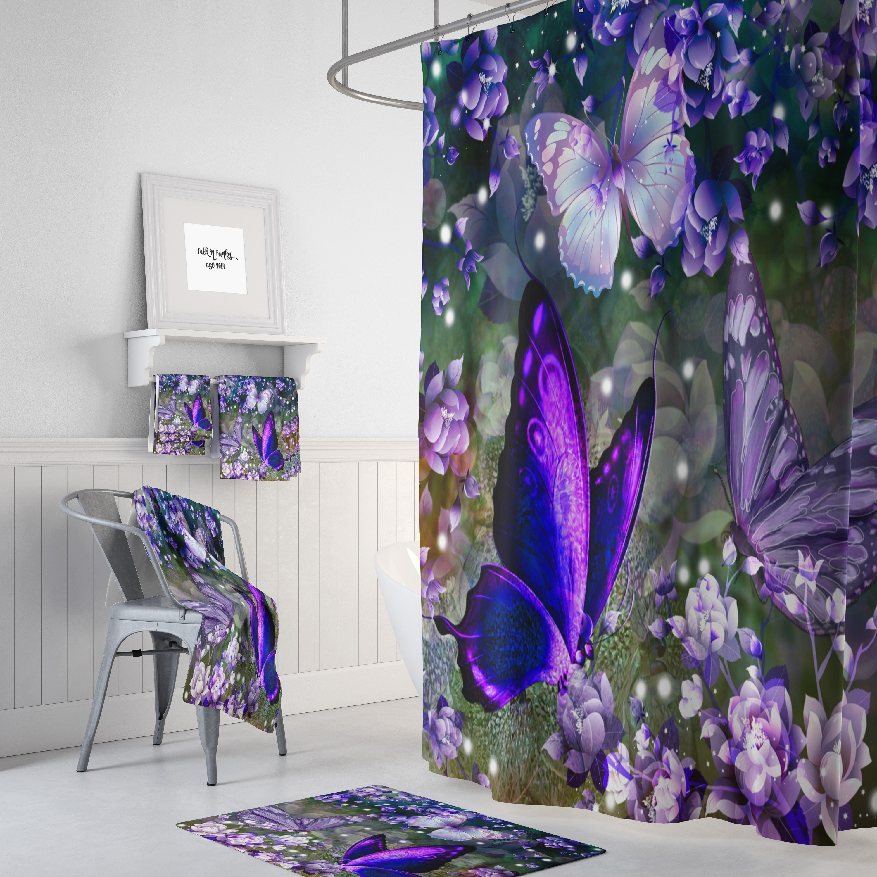 Purple Lavender Butterfly Shower Curtain with Optional Towels