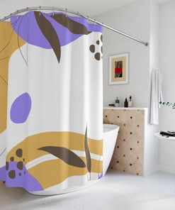 Purple Leaves and Sunset Abstract Art Shower Curtain, Tropical Contemporary Minimal Curtain Design for Bathroom Decor