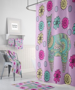Purple Llama Shower Curtain Set with Whimsical Bath Accessories