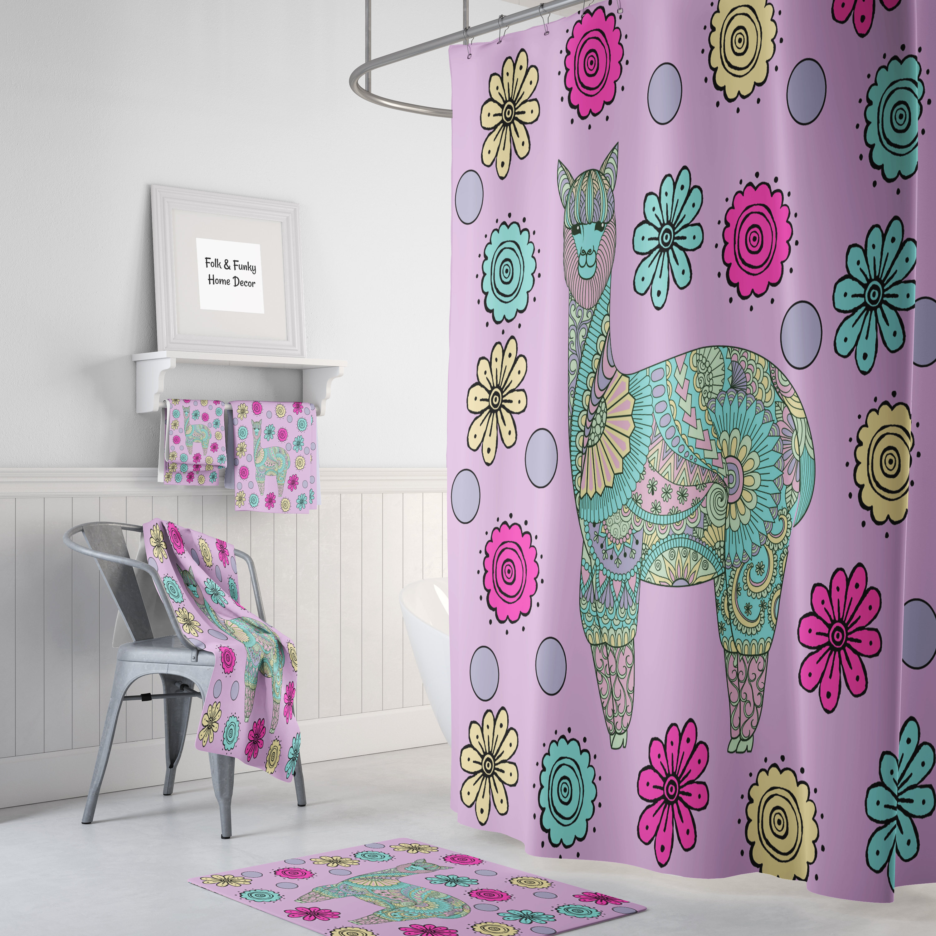 Purple Llama Shower Curtain Set with Whimsical Bath Accessories