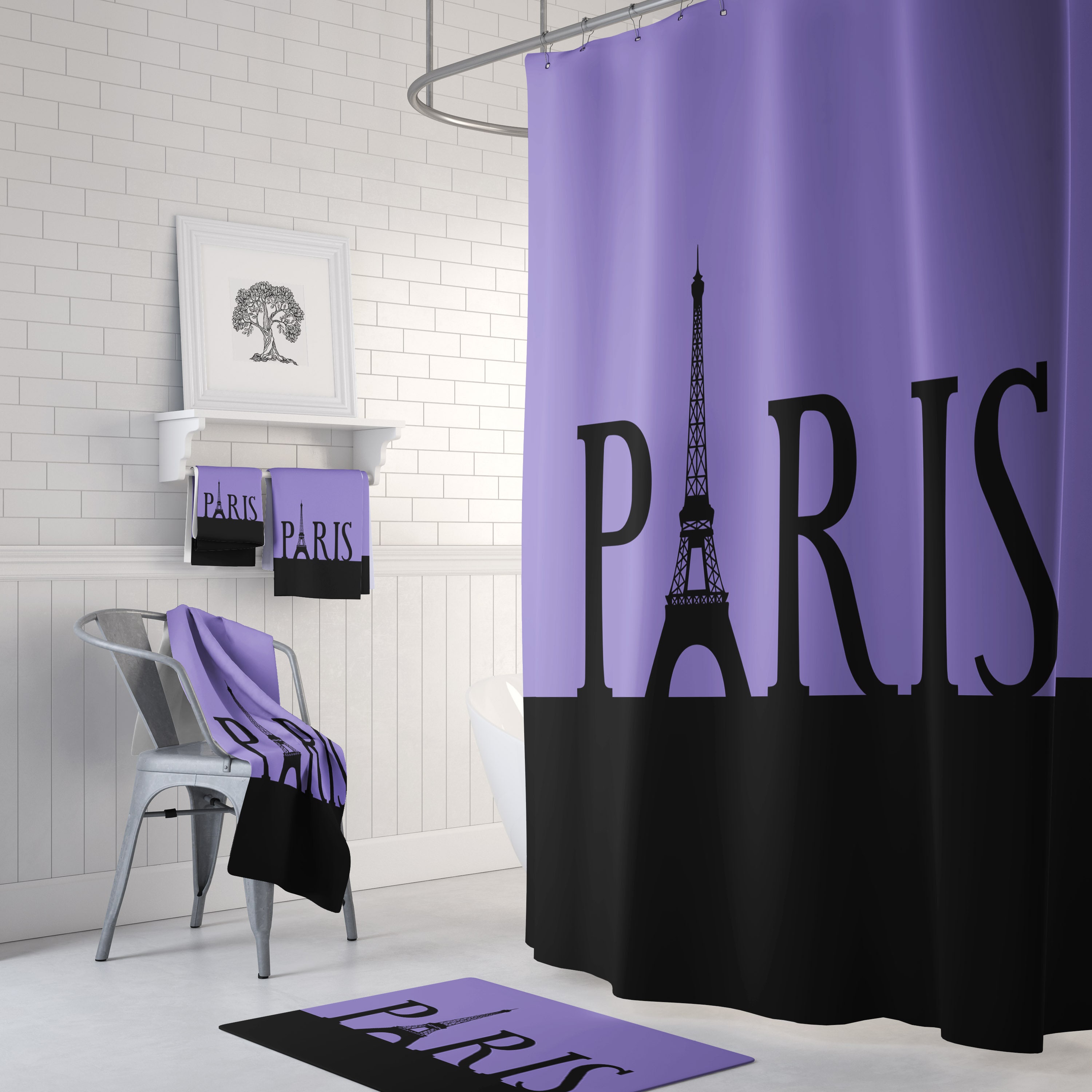 Purple Paris Eiffel Tower Shower Curtain with Optional Bathroom Set for a Romantic Bathroom Decor