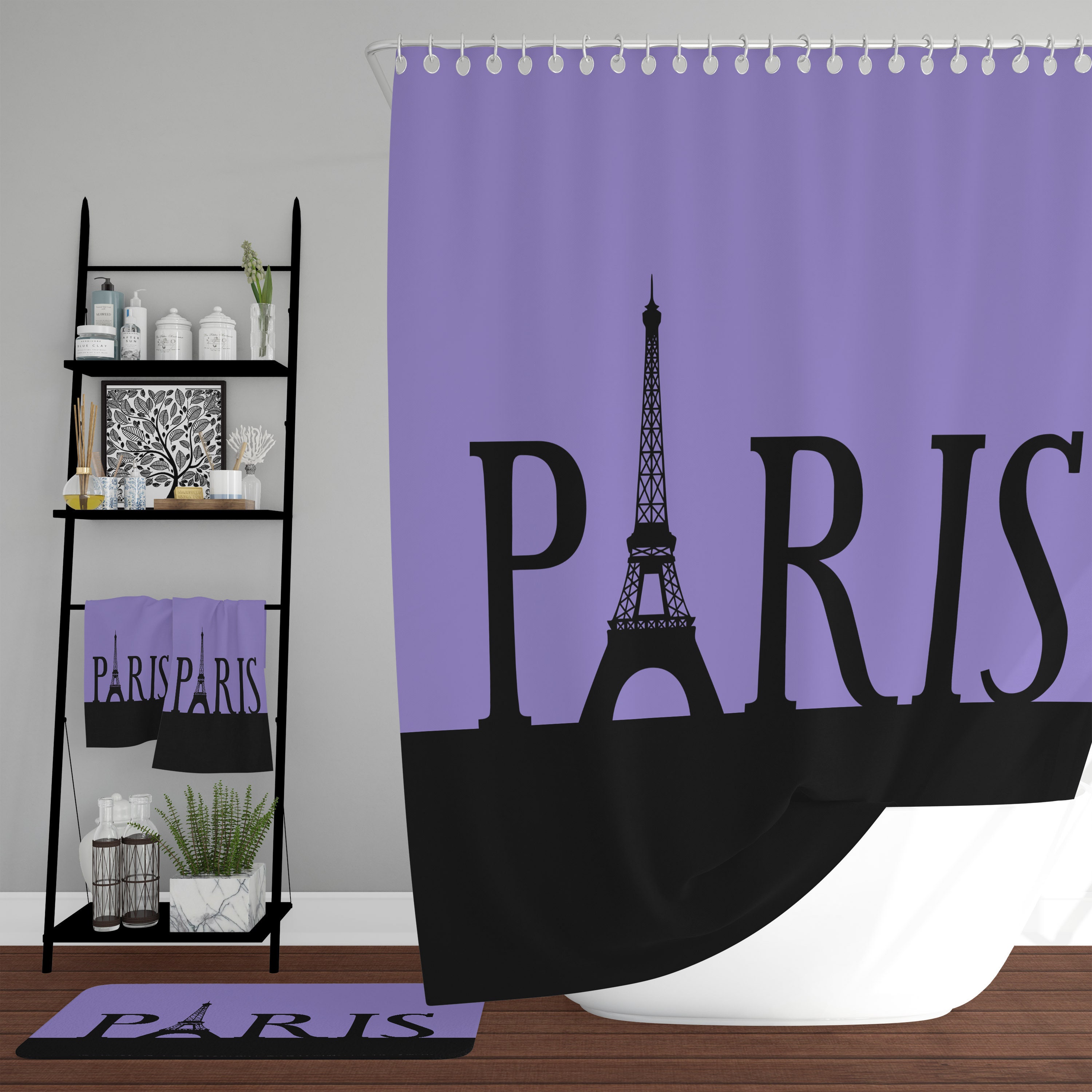 Purple Paris Eiffel Tower Shower Curtain with Optional Bathroom Set for a Romantic Bathroom Decor - Image 2