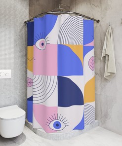 Purple Retro Shapes Shower Curtain, Contemporary Art, Minimalistic Bathroom Curtain, Eyes Design