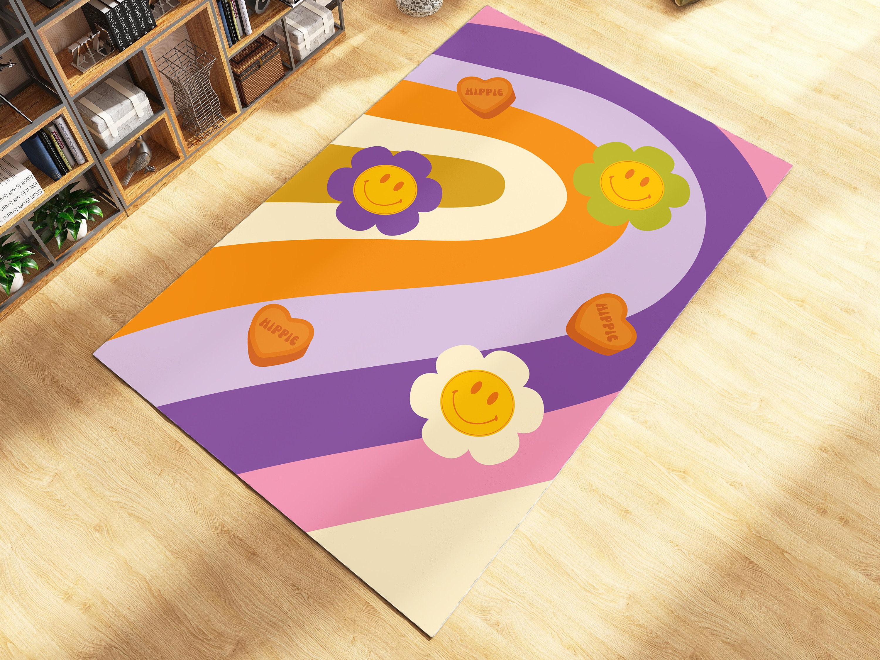 Purple Retro Trippy Smile Rug - Hippie Preppy Wavy Rug, Y2k Groovy Funky Rug, Cute Abstract Rug with 70s Rugs