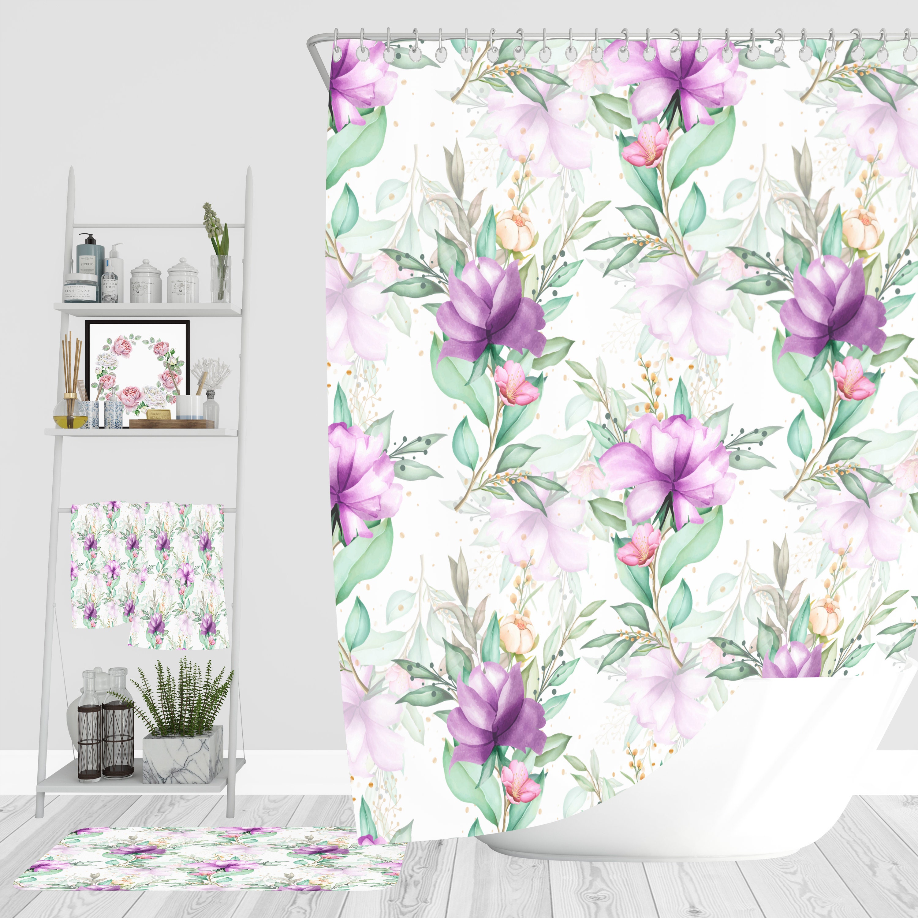 Purple Roses Floral Bathroom Decor Set with Optional Towels and Mat