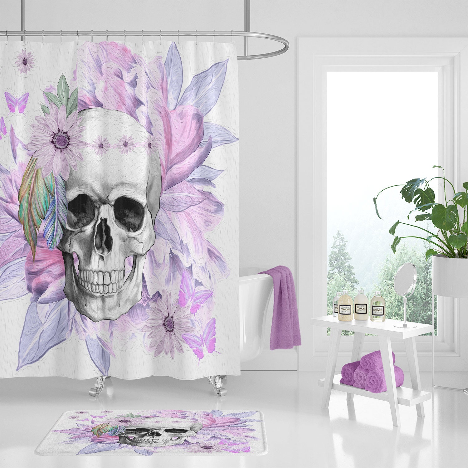 Purple Skull Boho Shower Curtain with Bold Design options and Unique Bathroom Decor - Image 2
