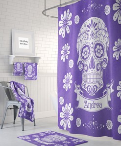 Purple Sugar Skull Personalized Shower Curtain, Day Of The Dead Bathroom Decor with Unique Shower Curtain Ideas
